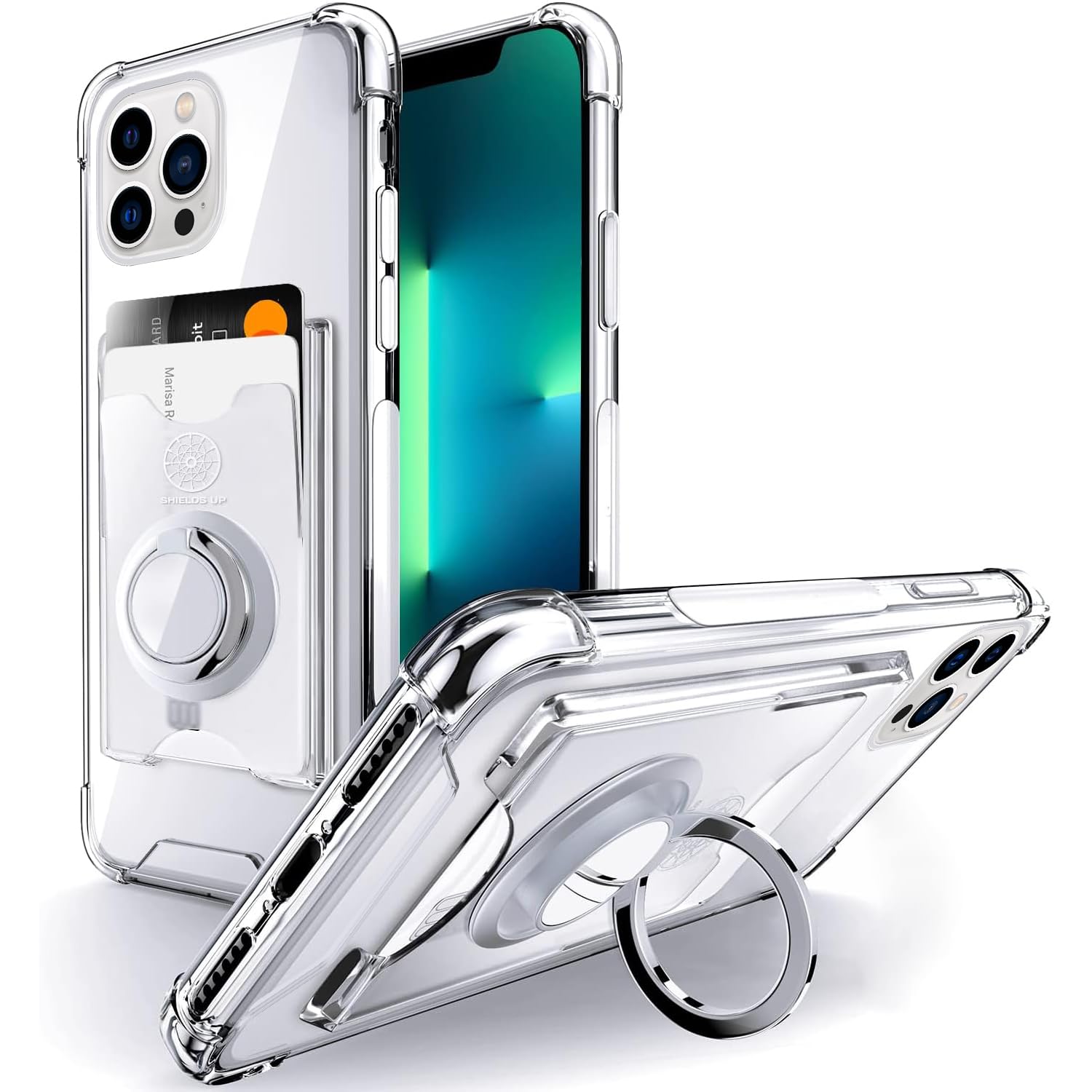 Shields Up iPhone 12 Pro Max Case (6.7 inch) - Slim Clear Protective Cover with Card Holder [3 Cards] & Ring Stand | Minimalist Wallet Case | Drop Protection | Perfect for Everyday Use, Travel & Hands-Free Viewing