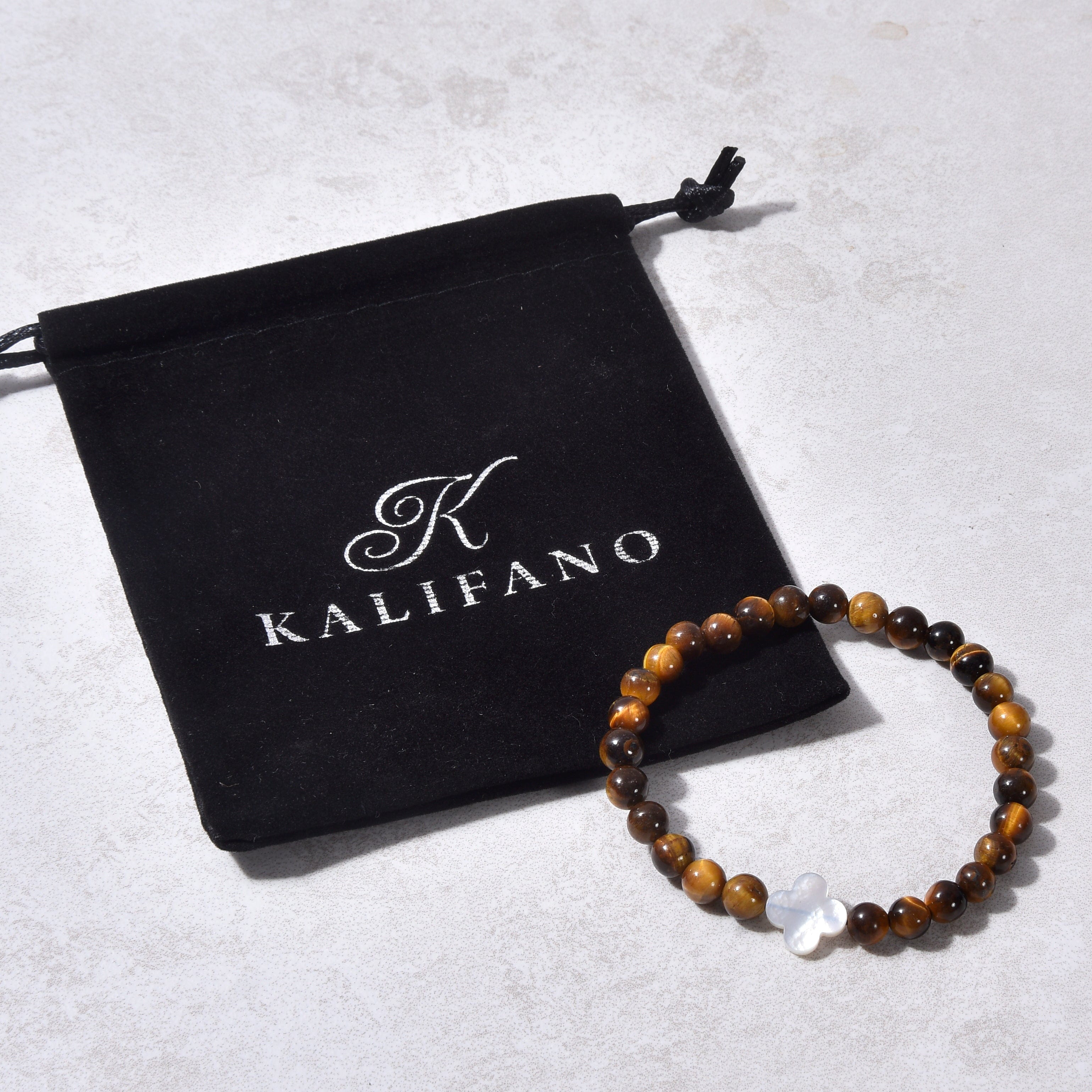 6mm Tiger Eye Stretch Bracelet with Mother of Pearl Clover Charm - Natural Stone Beaded Yoga Jewelry for Women, Meditation & Positive Energy