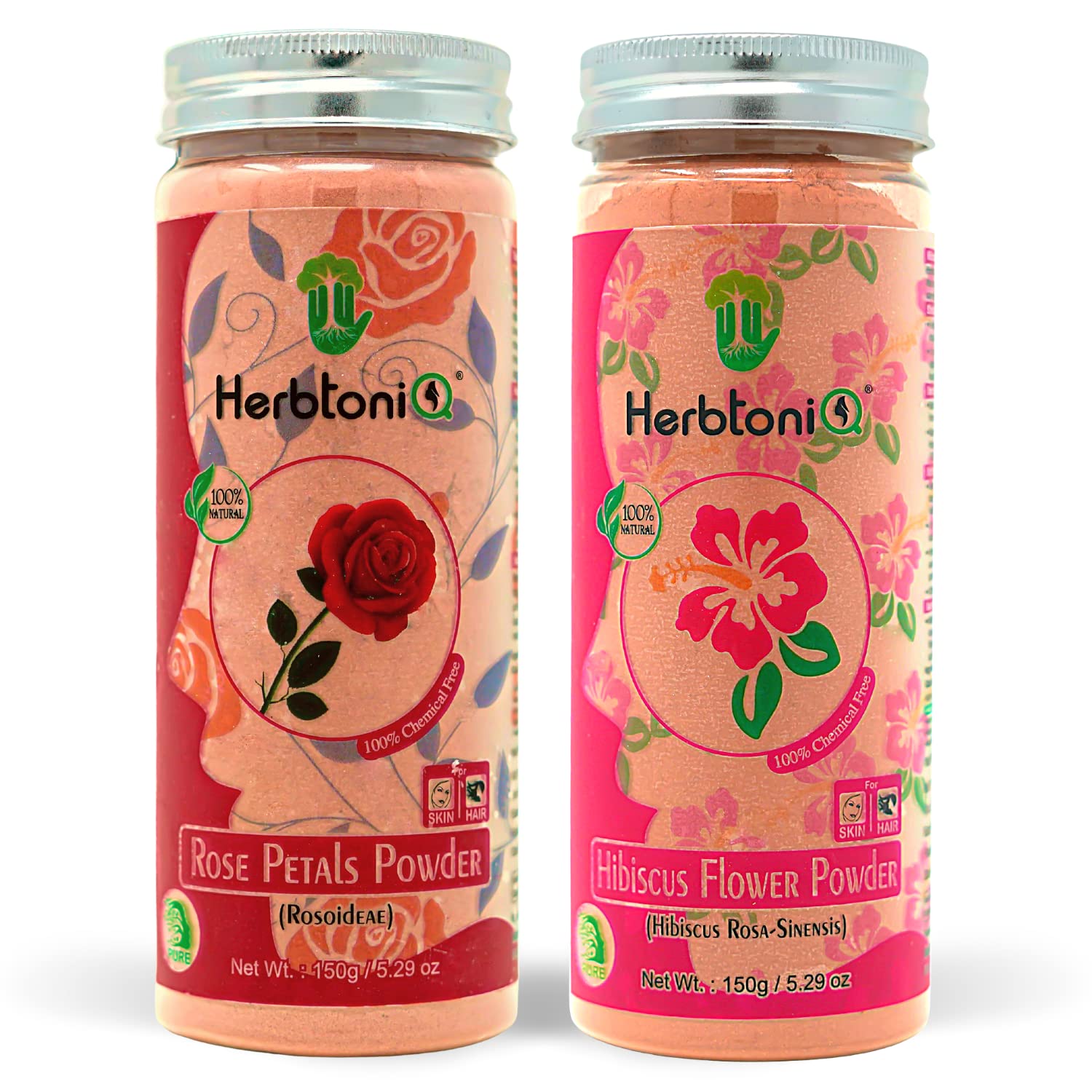 HerbtoniQ 100% Natural Rose Petals Powder (Rosa Damascena) & Hibiscus Flower Powder - 150g Each for DIY Skincare, Face Masks & Hair Treatments - Organic Beauty Ingredients for Glowing Skin & Healthy Hair