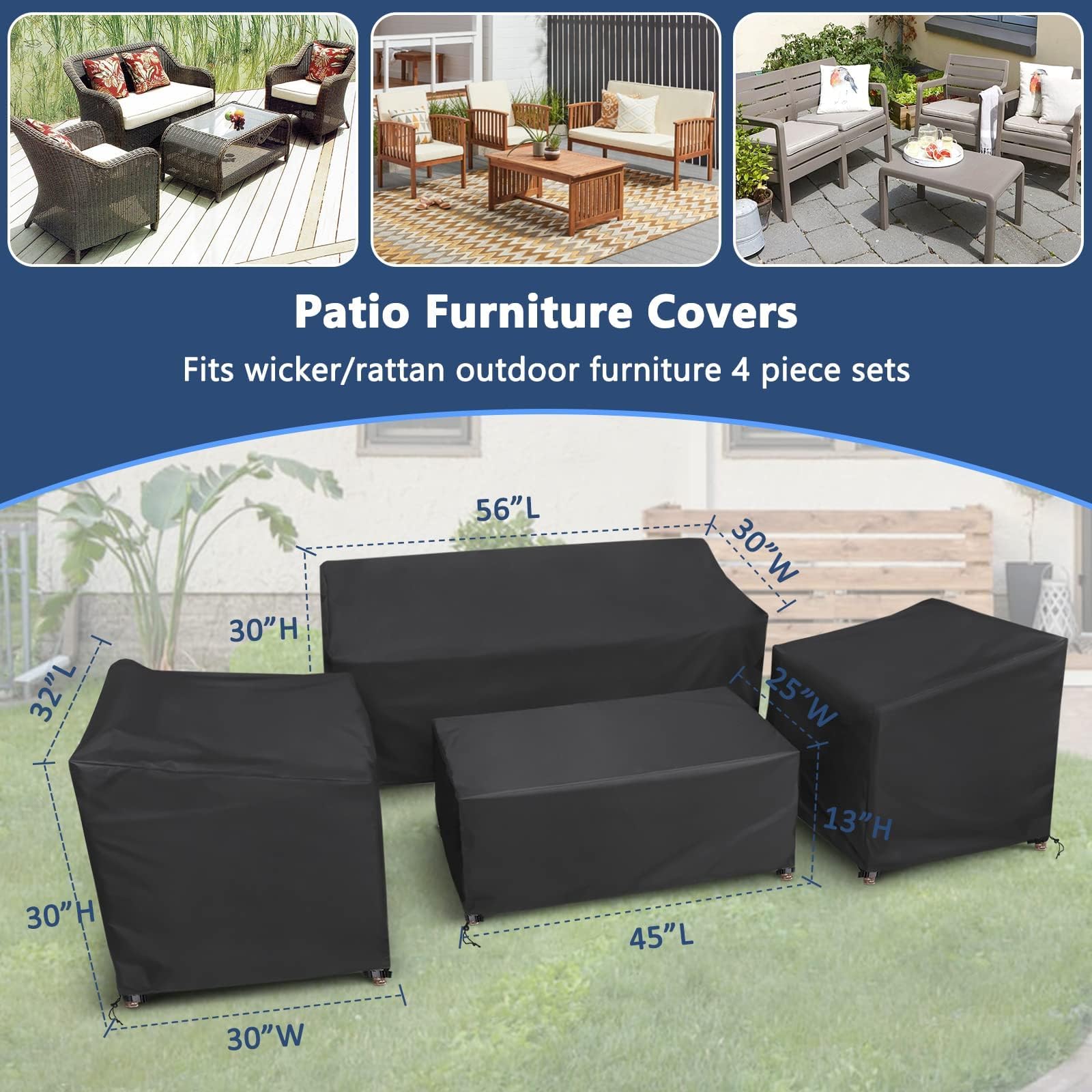 STARTWO 4-Piece Heavy Duty Waterproof Patio Furniture Covers Set - Outdoor Furniture Protector for Rattan Wicker Conversation Set (Black) | Perfect for Backyard, Garden & Poolside Use