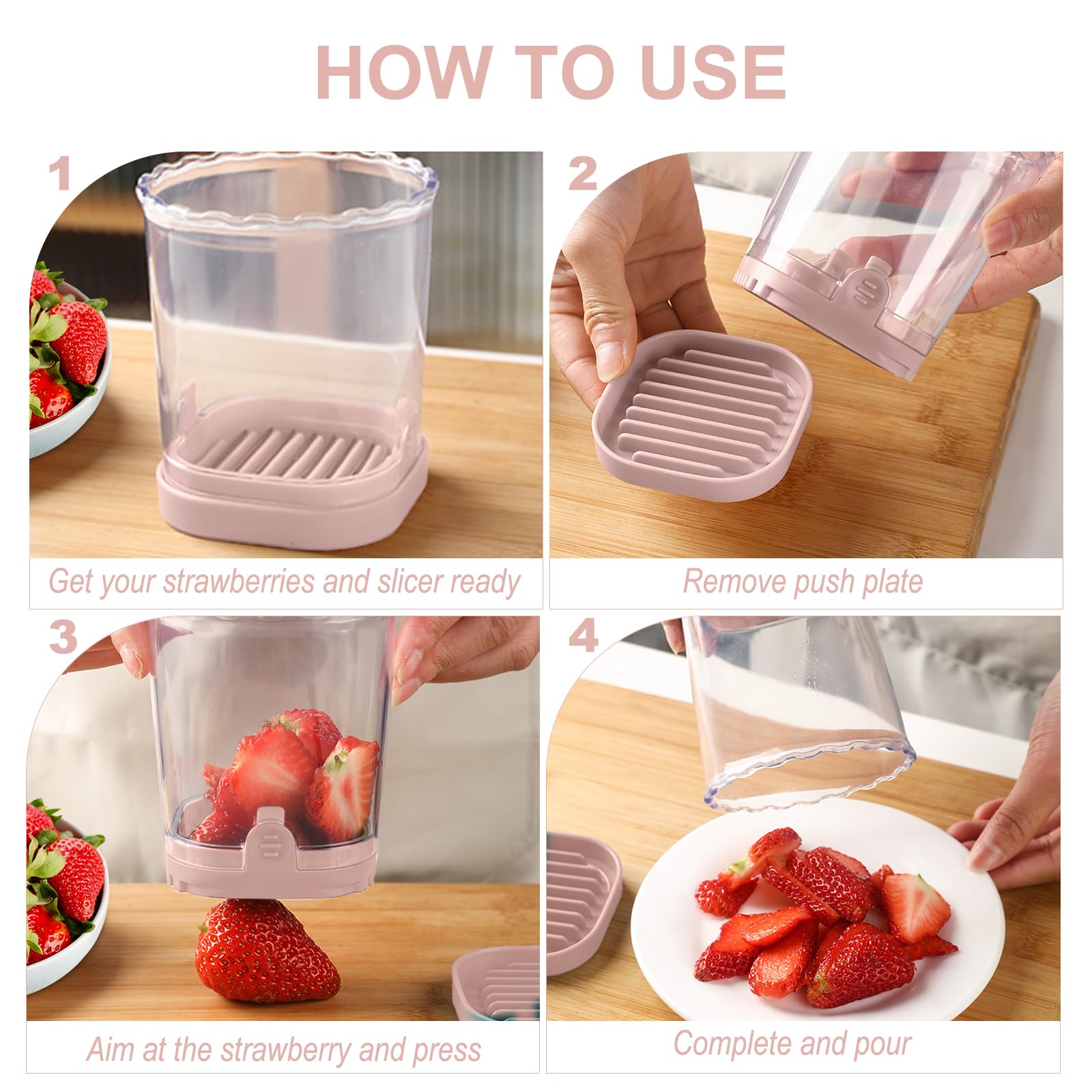 Premium Stainless Steel Fruit & Vegetable Slicer Cup - Efficient Strawberry, Banana, Egg Cutter with Push Plate - Kitchen Gadget for Smoothies, Salads & Meal Prep (Pink)