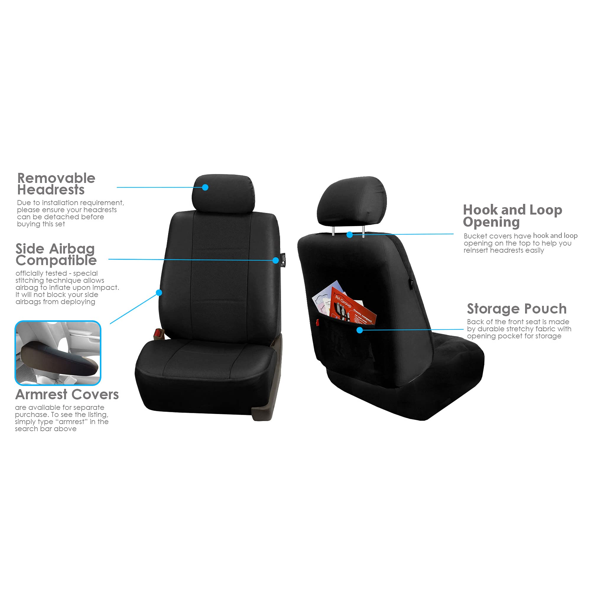 Premium FH Group Faux Leather Car Seat Covers - Universal Fit for Low Back Seats with Removable Headrest | Airbag Compatible for SUV, Van, Truck | Black Leather-Look Protection for Daily Commute & Road Trips