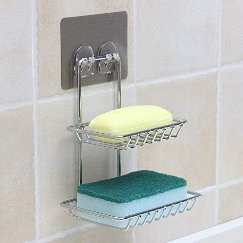 Stainless Steel Wall Mounted Double Layer Soap Dish Holder - Rustproof Bathroom & Kitchen Soap Storage Rack with Self-Adhesive Sticker (Silver) - Perfect for Shower, Sink Countertop, and Vanity Organization