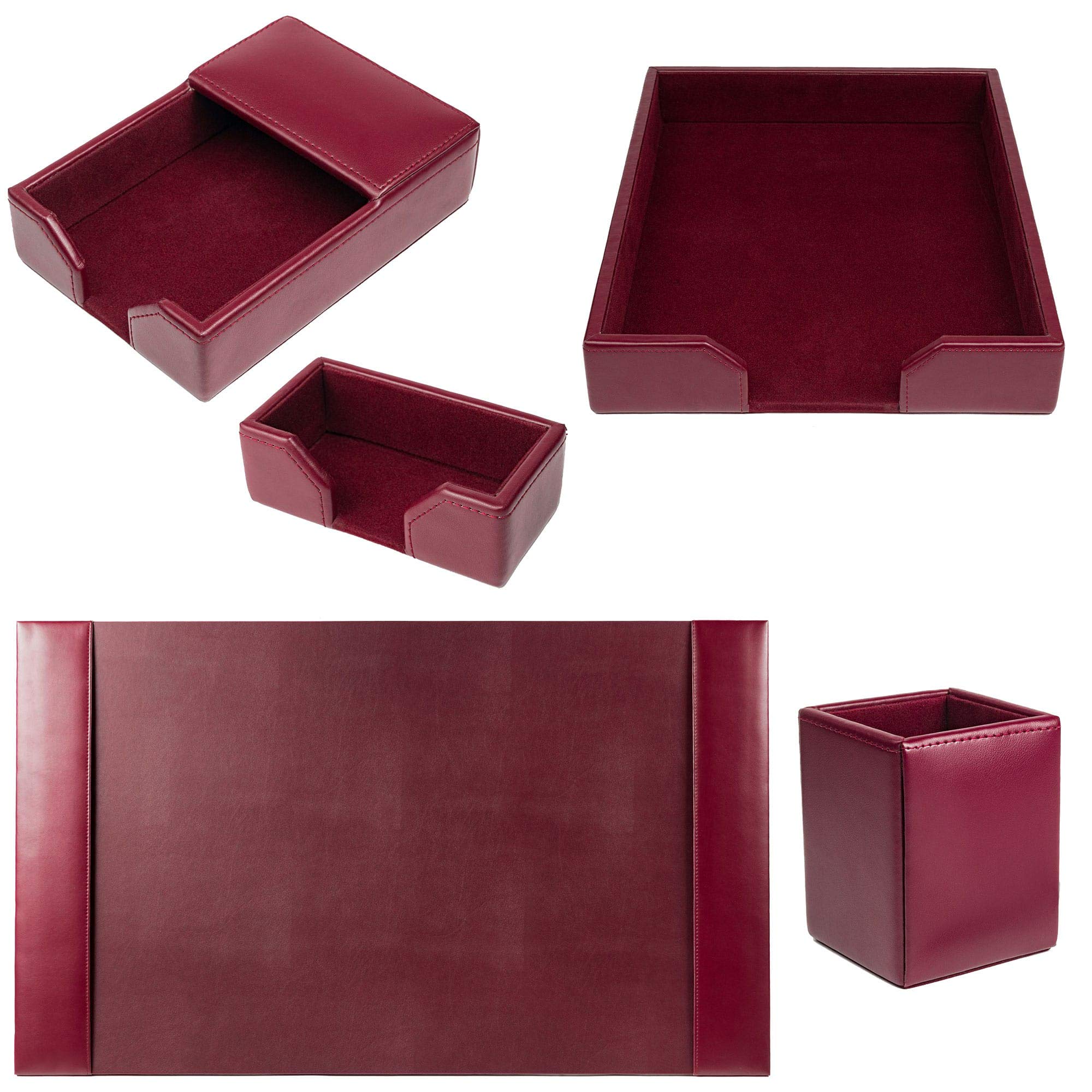 Premium DACASSO Bonded Leather Desk Set - Burgundy 5-Piece Office Organizer with Leather Desk Pad for Home & Office Workspace - Perfect for Writing, Computer Use & Professional Desk Decor