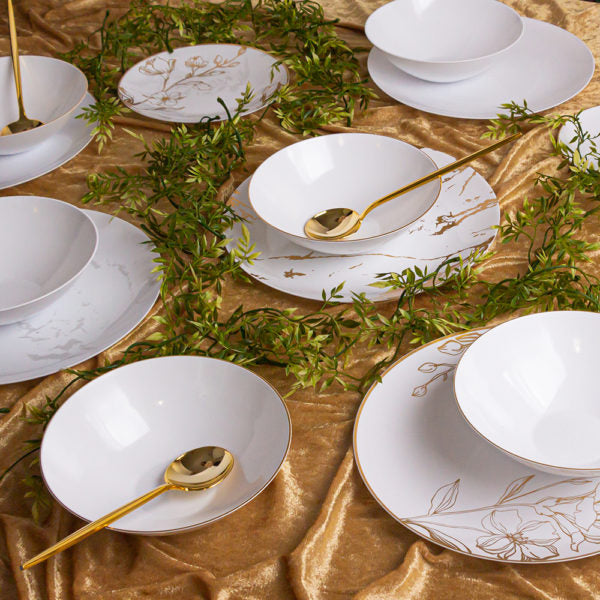 10 Pack White and Gold Round Plastic Plates - Antique Floral Design for Parties, Picnics, and Elegant Dining
