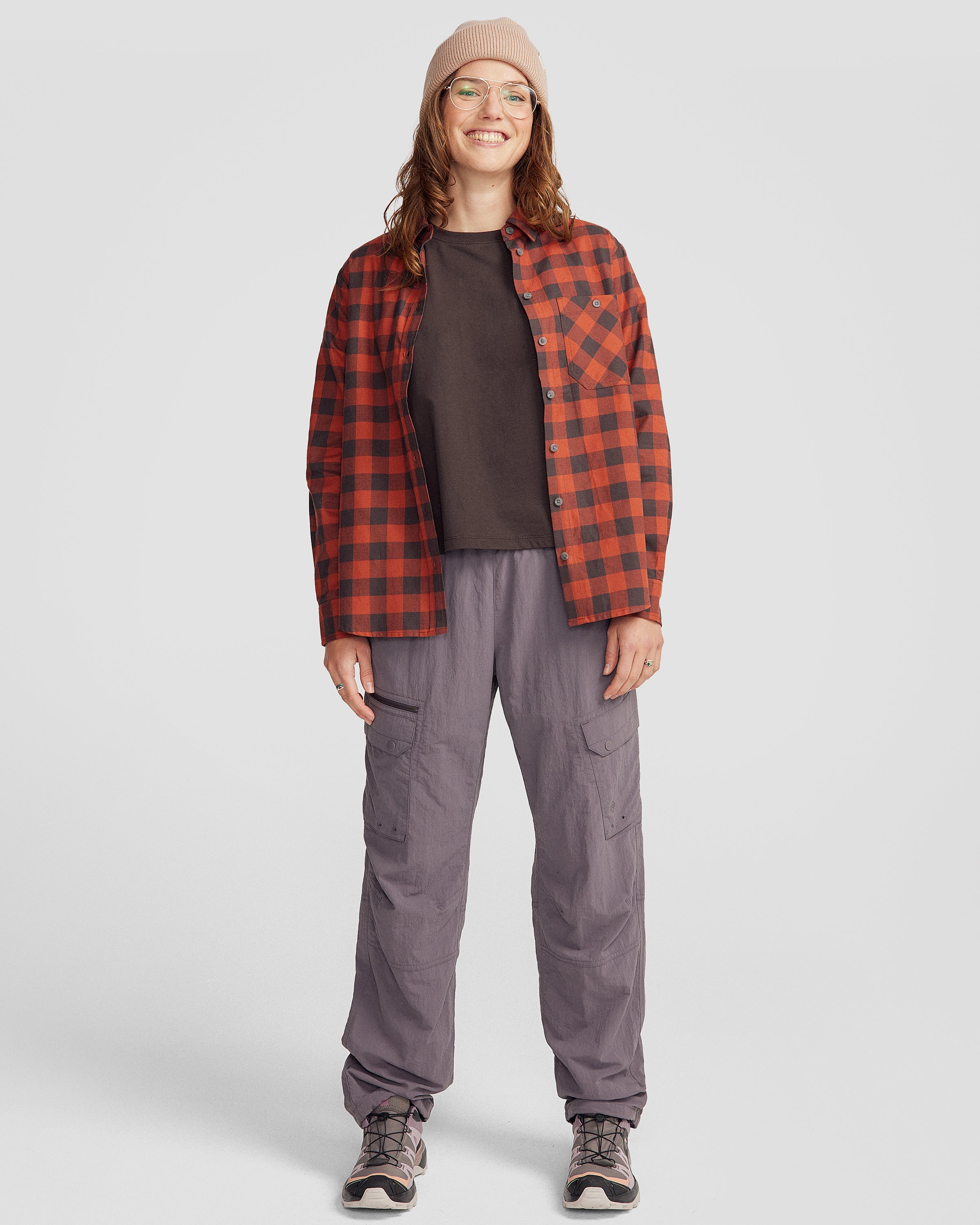 Fyfe Women's Long Sleeve Shirt - Redwood Gingham Plaid Cotton Top for Casual Wear, Office & Fall Outfits