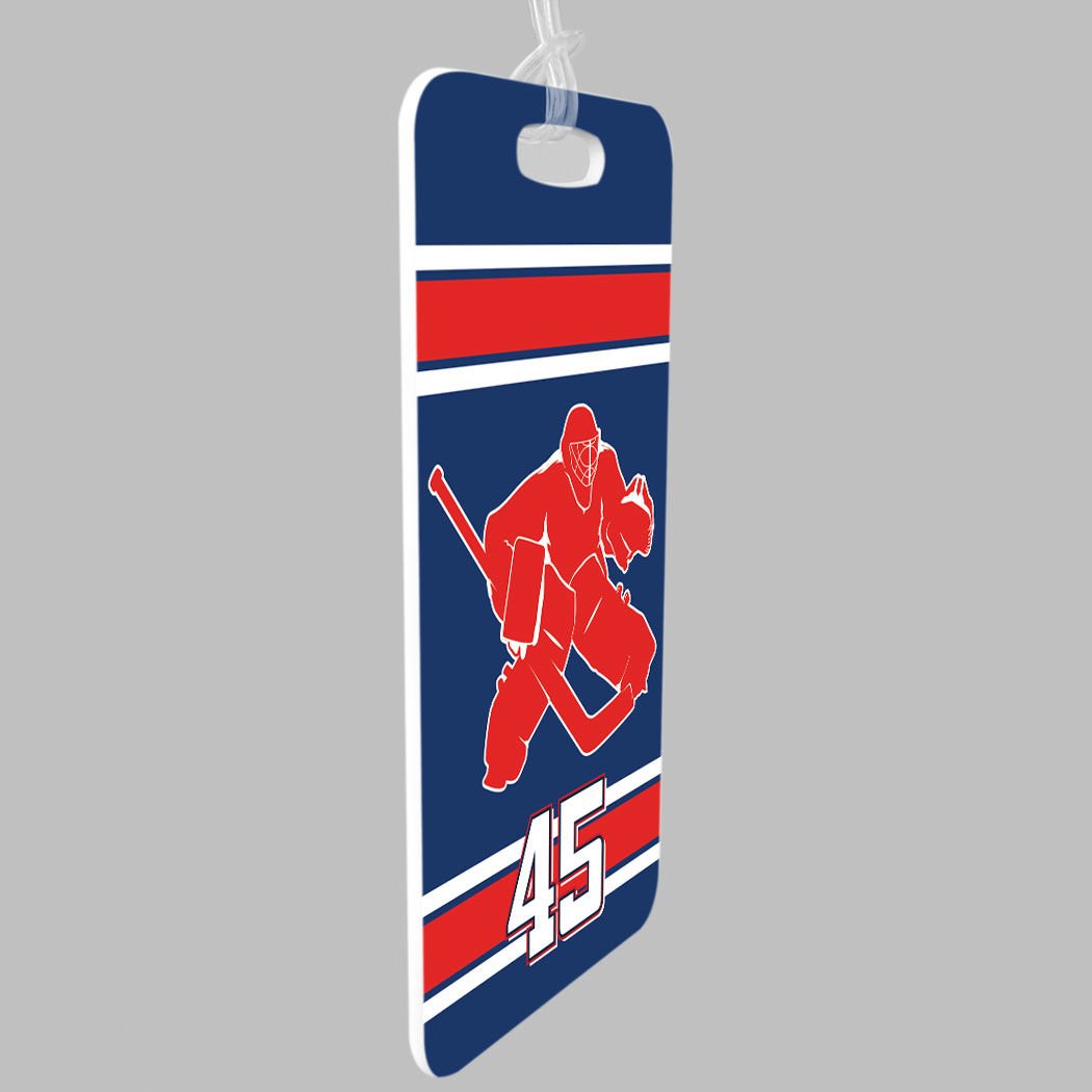 Personalized Hockey Goalie Luggage Tag with Number - Large Navy & Red Hockey Bag Tag with Standard Lines on Back - Perfect for Travel, Sports Gear & Hockey Equipment Identification