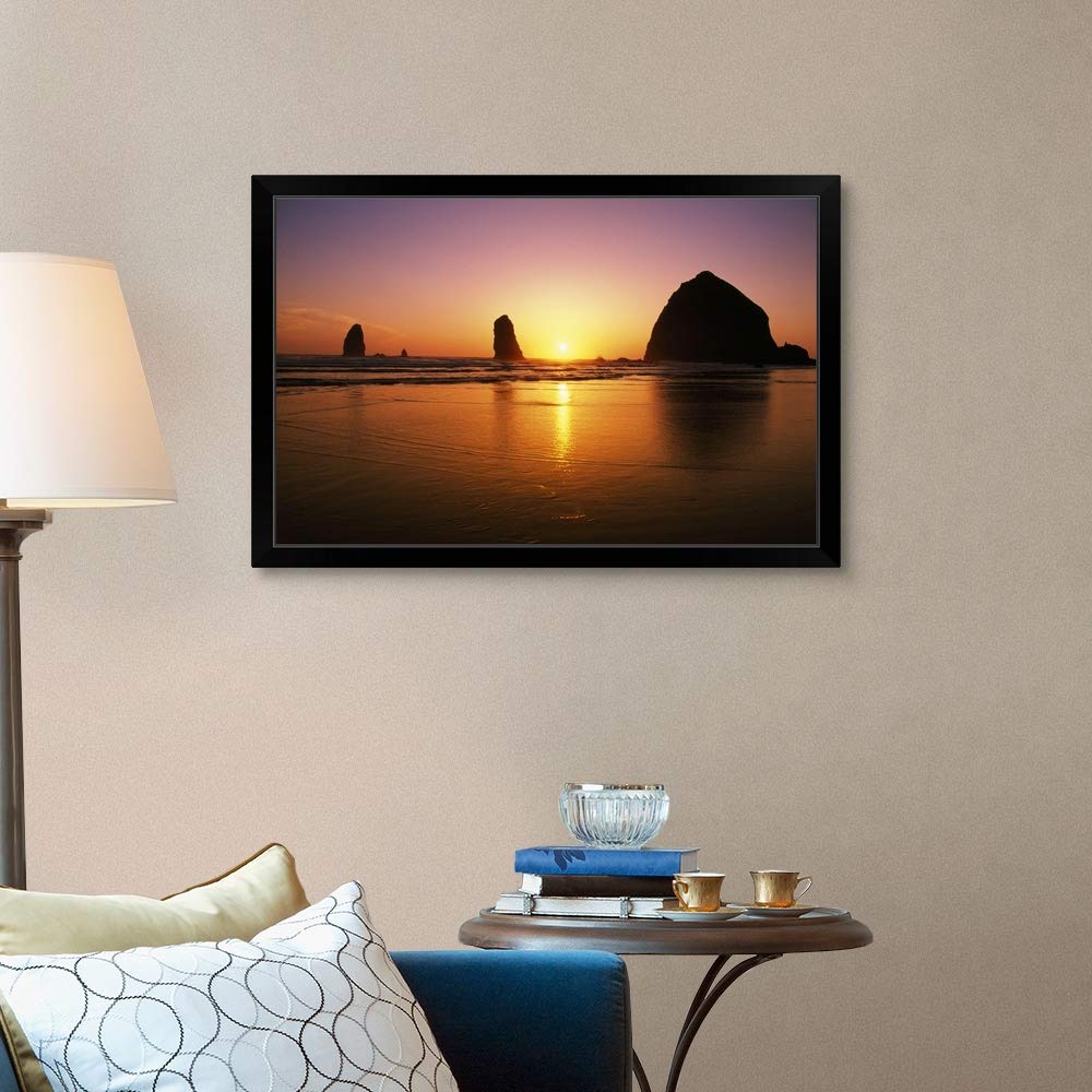 Sunset At Cannon Beach Oregon Coast - Black Framed Wall Art Print | Oregon Landscape Painting for Home & Office Decor | Perfect for Living Room, Bedroom or Office Wall