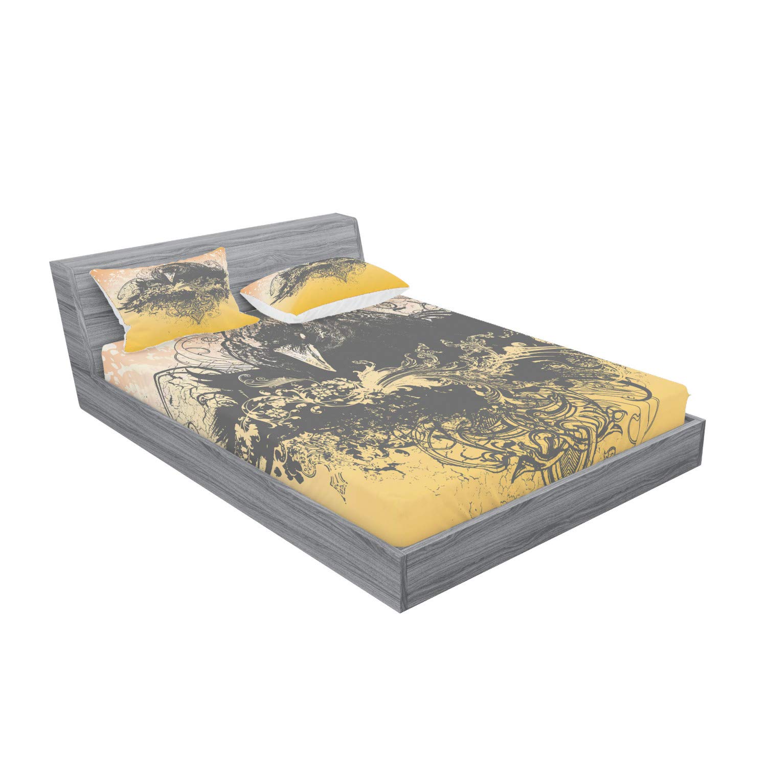 Ambesonne Halloween Bedding Set - Queen Size Black Fitted Sheet & Pillow Sham with Wicked Crow and Floral Print, 3-Piece Gothic Decor (Black & Mustard) | Perfect for Spooky Bedroom Decor, Themed Parties, and Gothic Home Aesthetics