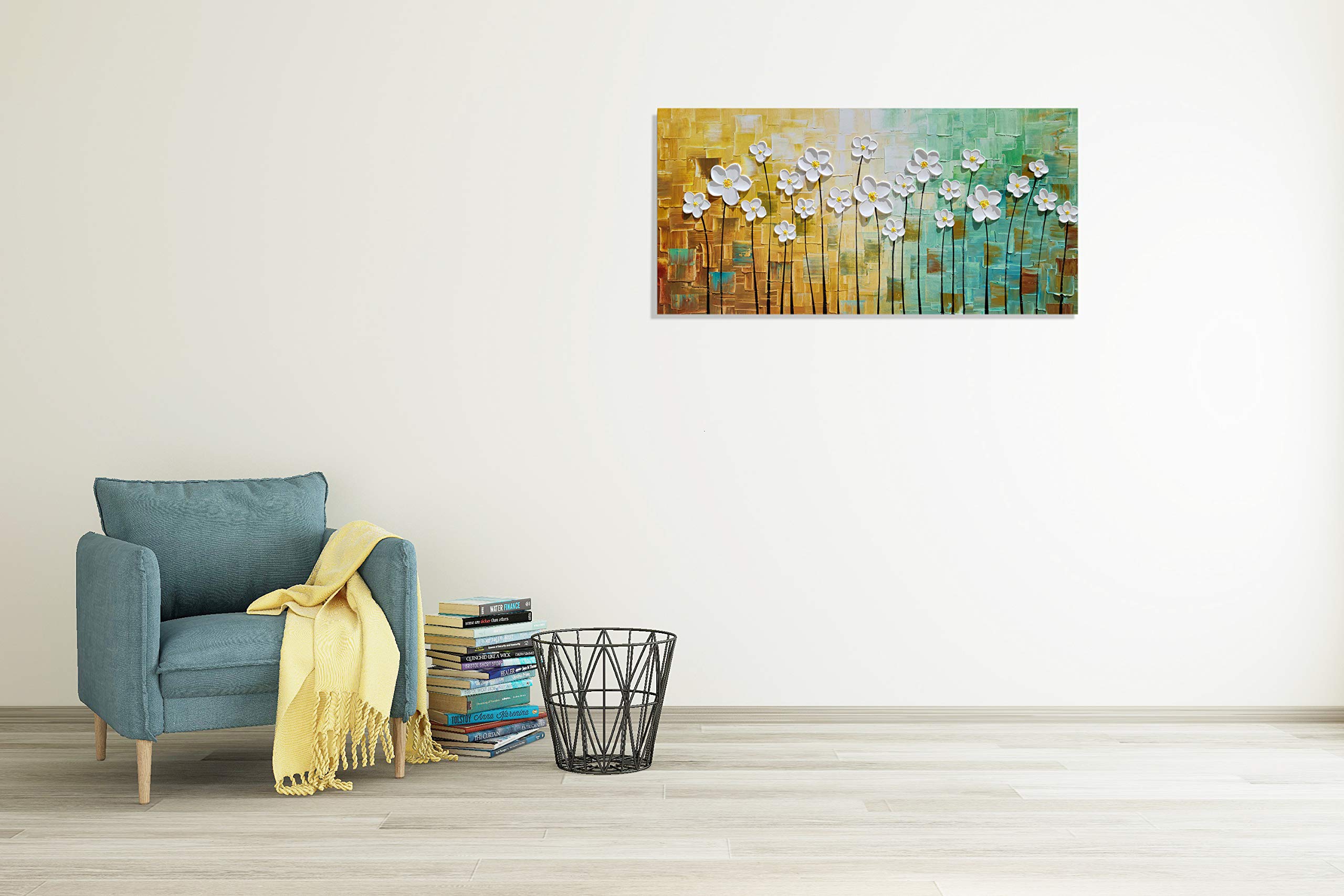 SYGALLERIER White Floral Canvas Wall Art - Hand Painted Heavy Textured Oil Painting in Teal & Yellow - Modern Abstract Artwork for Living Room, Bedroom, Dining Room Decor - Perfect for Home, Office & Gift Giving