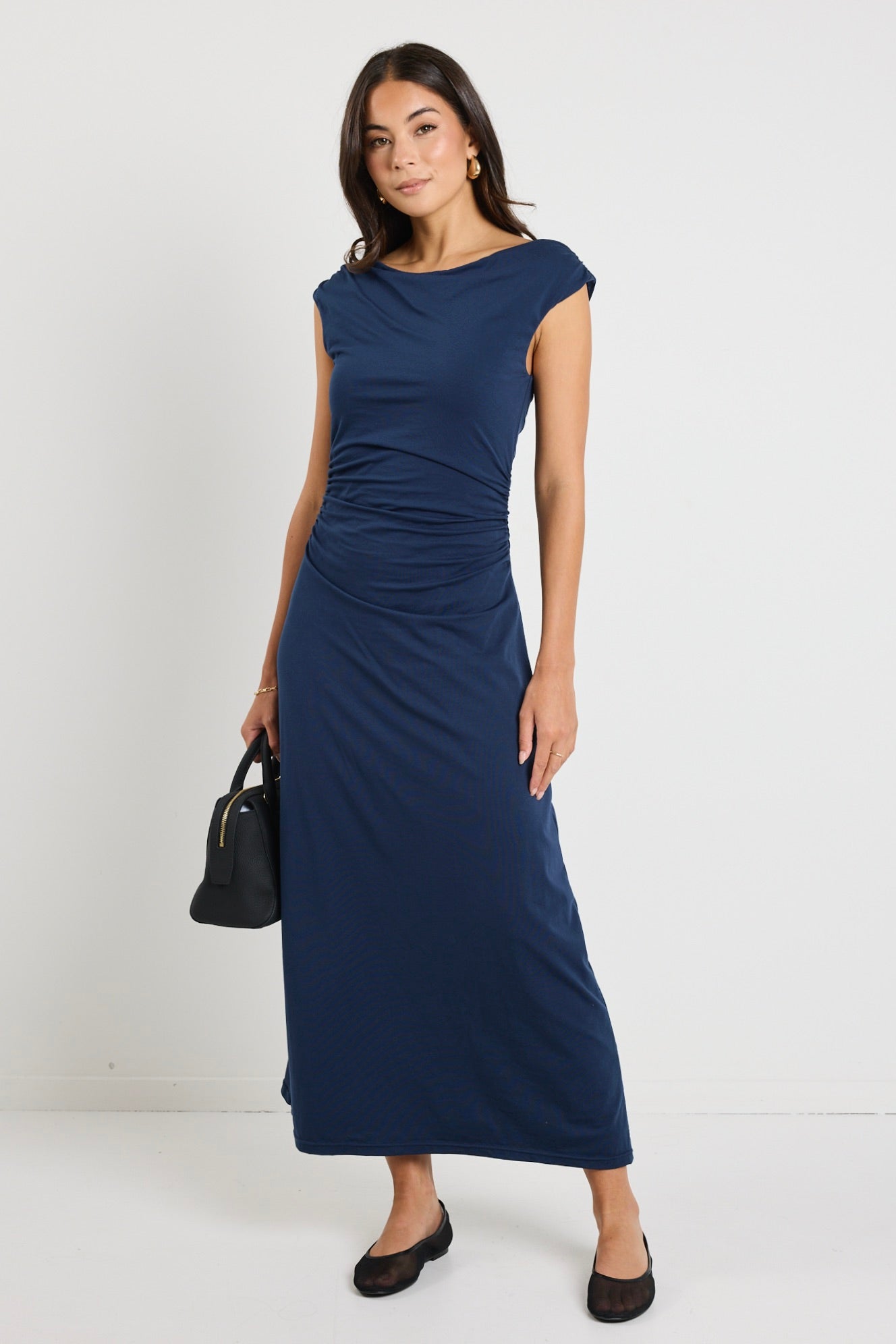 Equator Navy Jersey Rouched Midi Dress - Women's Stretchy Bodycon Dress for Casual Wear, Date Night & Party Outfits