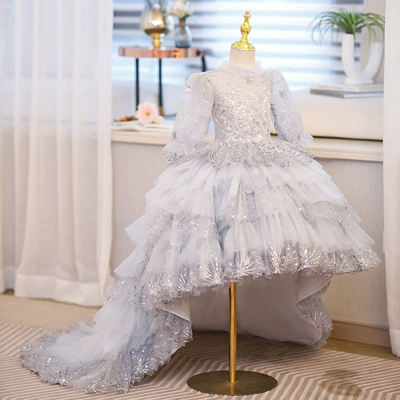Elegant Grey Princess Round Tulle Flower Girl Dress for Weddings & Special Occasions