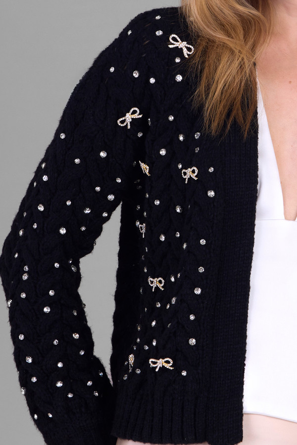 Elegant Bow Jeweled Cardigan for Women - Stylish Knit Sweater with Rhinestone Decorations - Perfect for Parties, Weddings & Evening Events