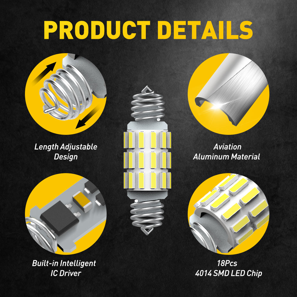AUXITO Retractable DE3175 6418 LED Bulb - 4014 Chipsets, 31mm & 36mm Festoon Bulb (6411 Bulb) - Perfect for Car Interior Lights, Dome Lights & Map Lights