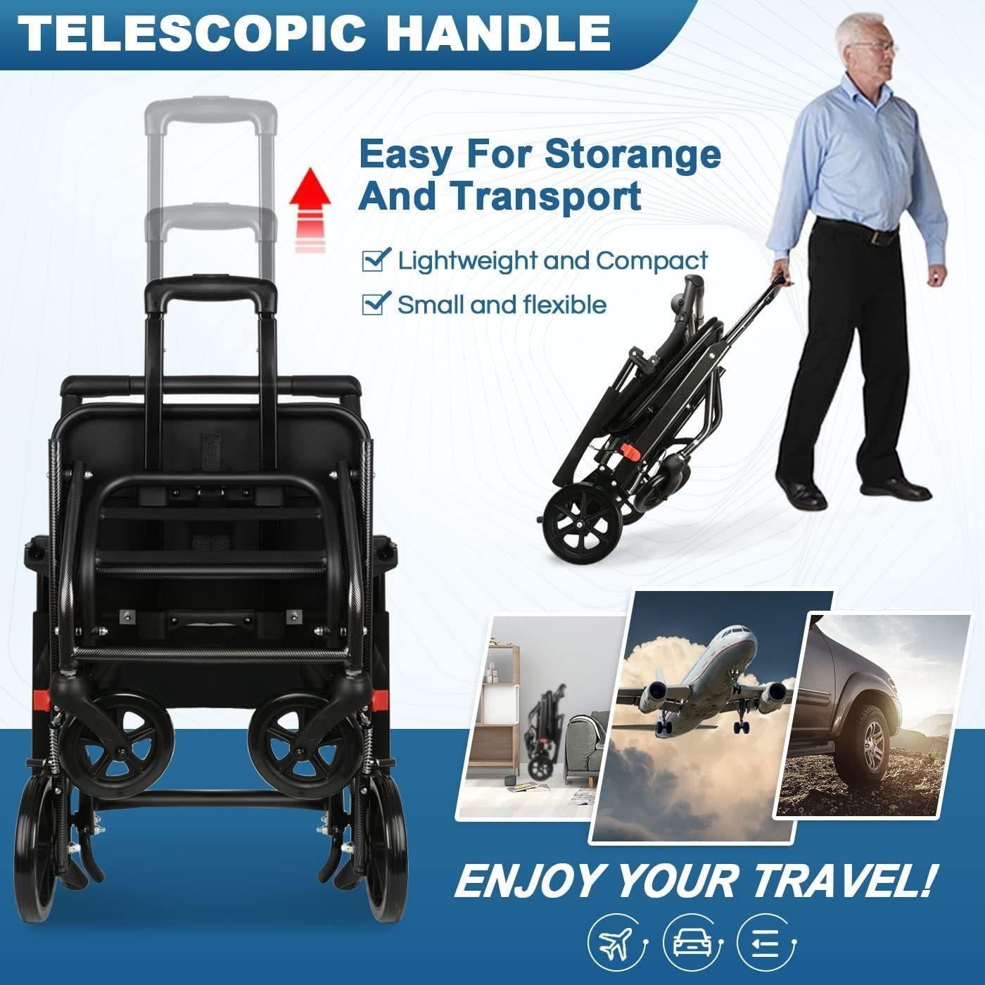 Ultra Lightweight Transport Wheelchair (Only 15lbs) - Foldable & Telescopic Handle Wheelchair for Adults & Seniors with 220lbs Capacity - Perfect for Travel, Airports, Hospitals & Daily Mobility Assistance