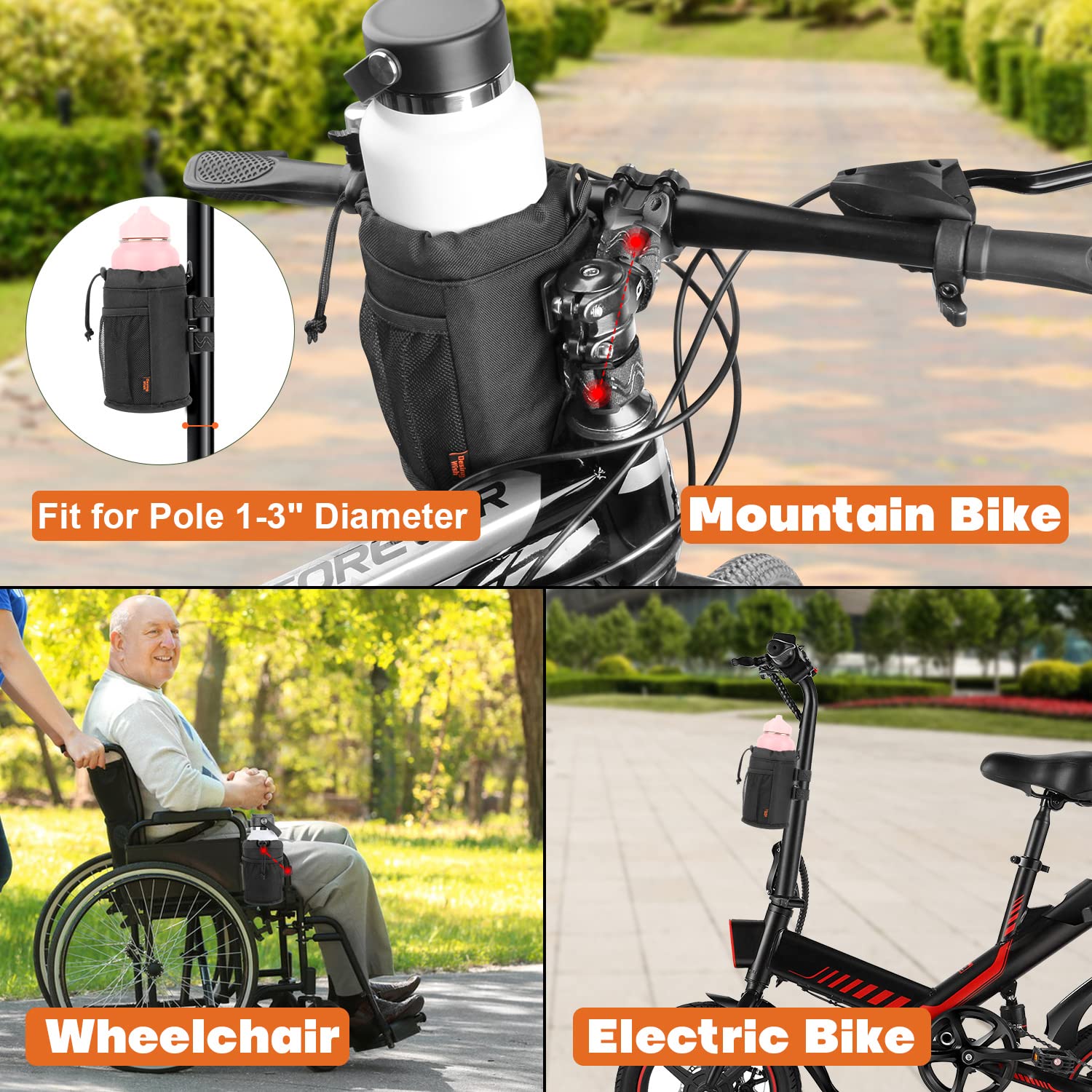 **32-40oz Insulated Bike Water Bottle Holder - Universal Design for Mountain, Road, eBike & Scooter - Non-Slip Straps & Multiple Installation Methods - Perfect for Cycling, Commuting & Outdoor Adventures**