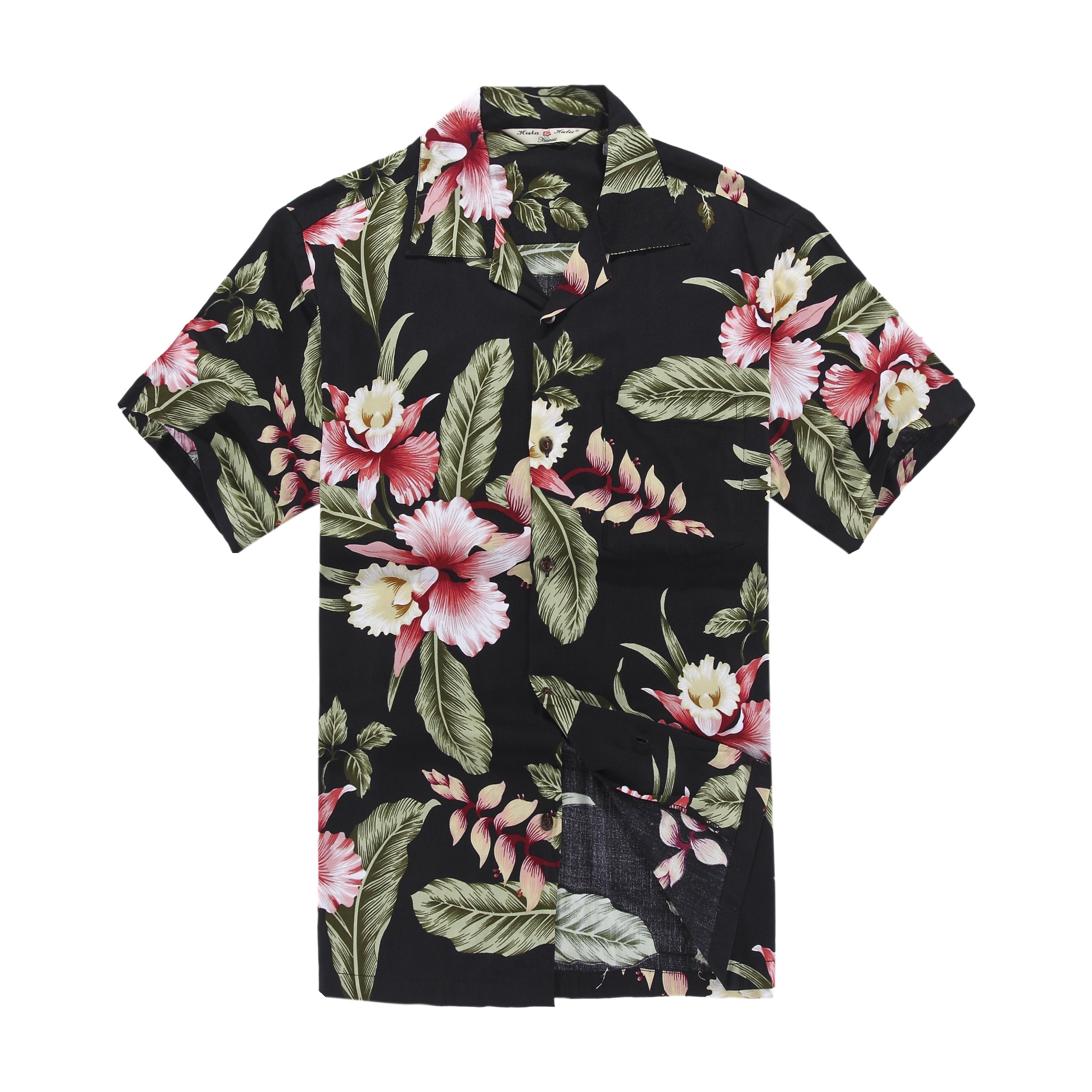 Couple Matching Hawaiian Luau Party Outfit Set - Black Rafelsia Aloha Shirt & Dress for Beach Vacation, Summer Festival, and Tropical Theme Parties