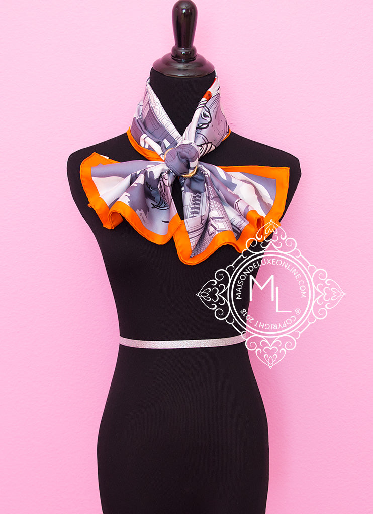 Hermes Black & White Twill Silk 90cm Scarf - Space Shopping au Faubourg Design - Luxury Fashion Accessory for Women - Perfect for Office, Parties & Gift Giving
