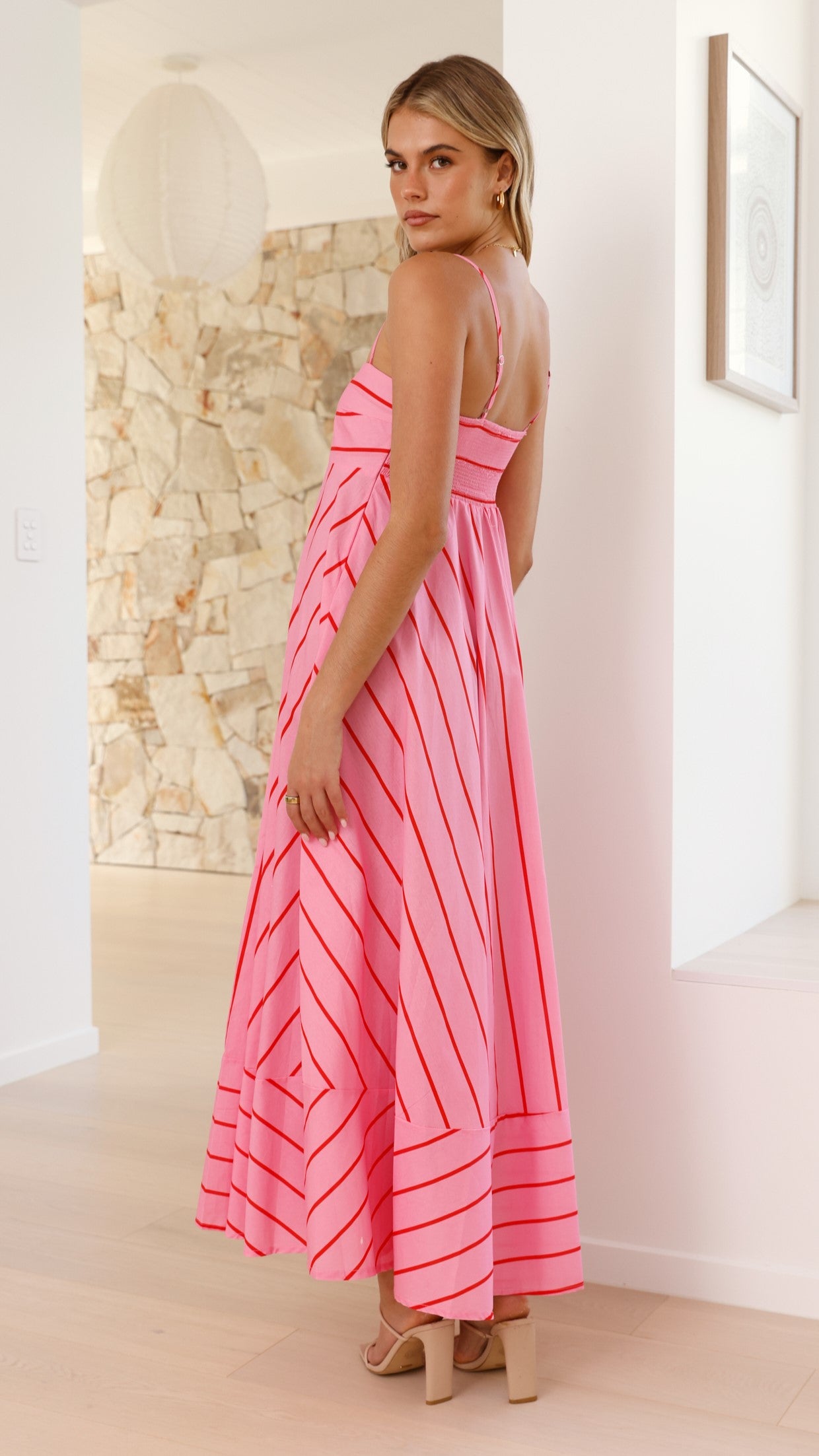 Kaethe Maxi Dress for Women - Flowy Pink & Red Striped Summer Dress, Beach Cover Up, Vacation Outfit, Party Wear