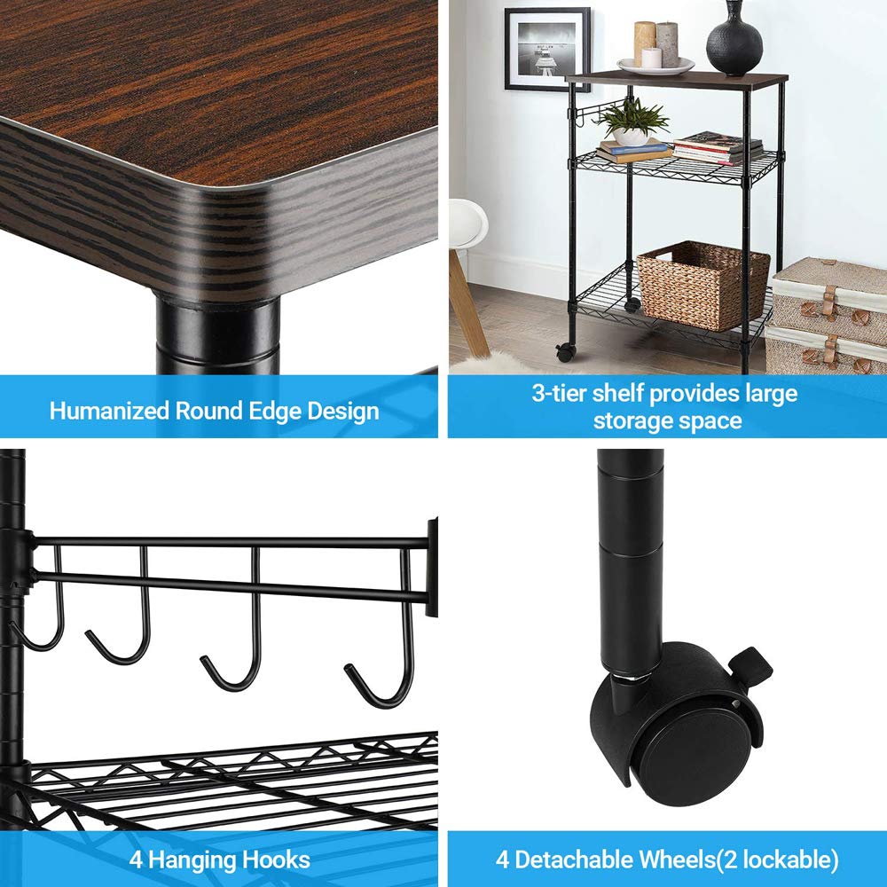 3-Tier Kitchen Cart with Wheels - Wood & Black Storage Rack for Microwave & Pantry Organization