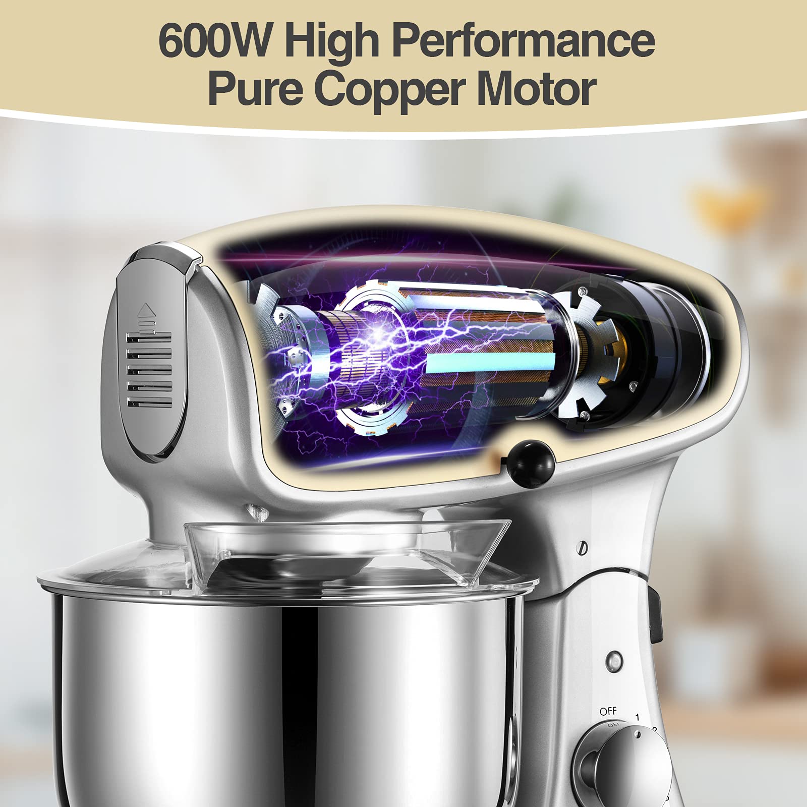 8-Speed 600W Die-Cast Stand Mixer - 5.5Qt Tilt-Head Kitchen Mixer with Stainless Steel Bowl, Dough Hook, Egg Whisk & Splash Guard - Perfect for Baking, Dough Kneading & Whipping Cream (Almond Cream Color)