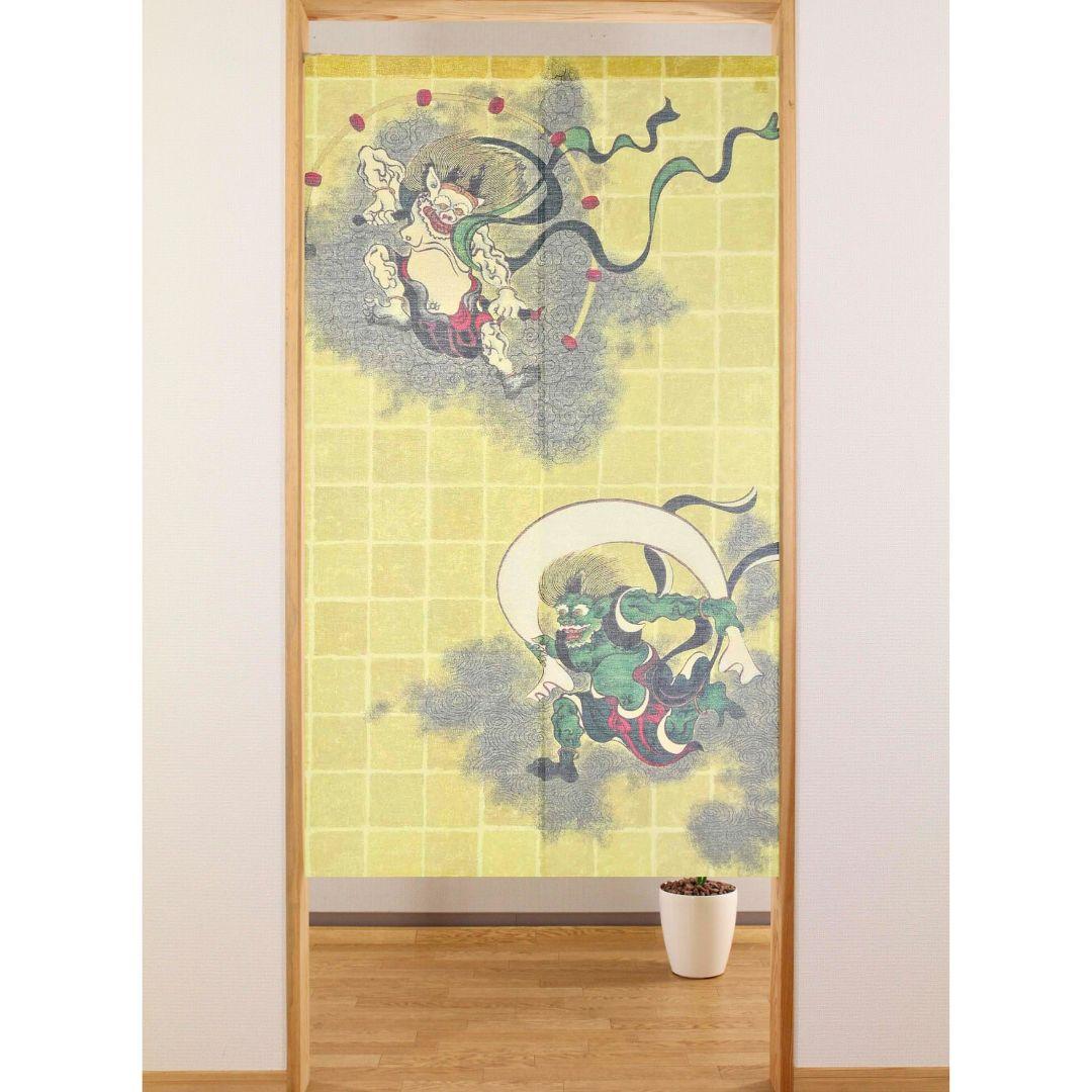 Japanese Noren Curtain - Fujin Raijin Wind and Thunder Gods Design with Gold Thread | Traditional Entryway Divider for Home, Restaurant & Zen Decor