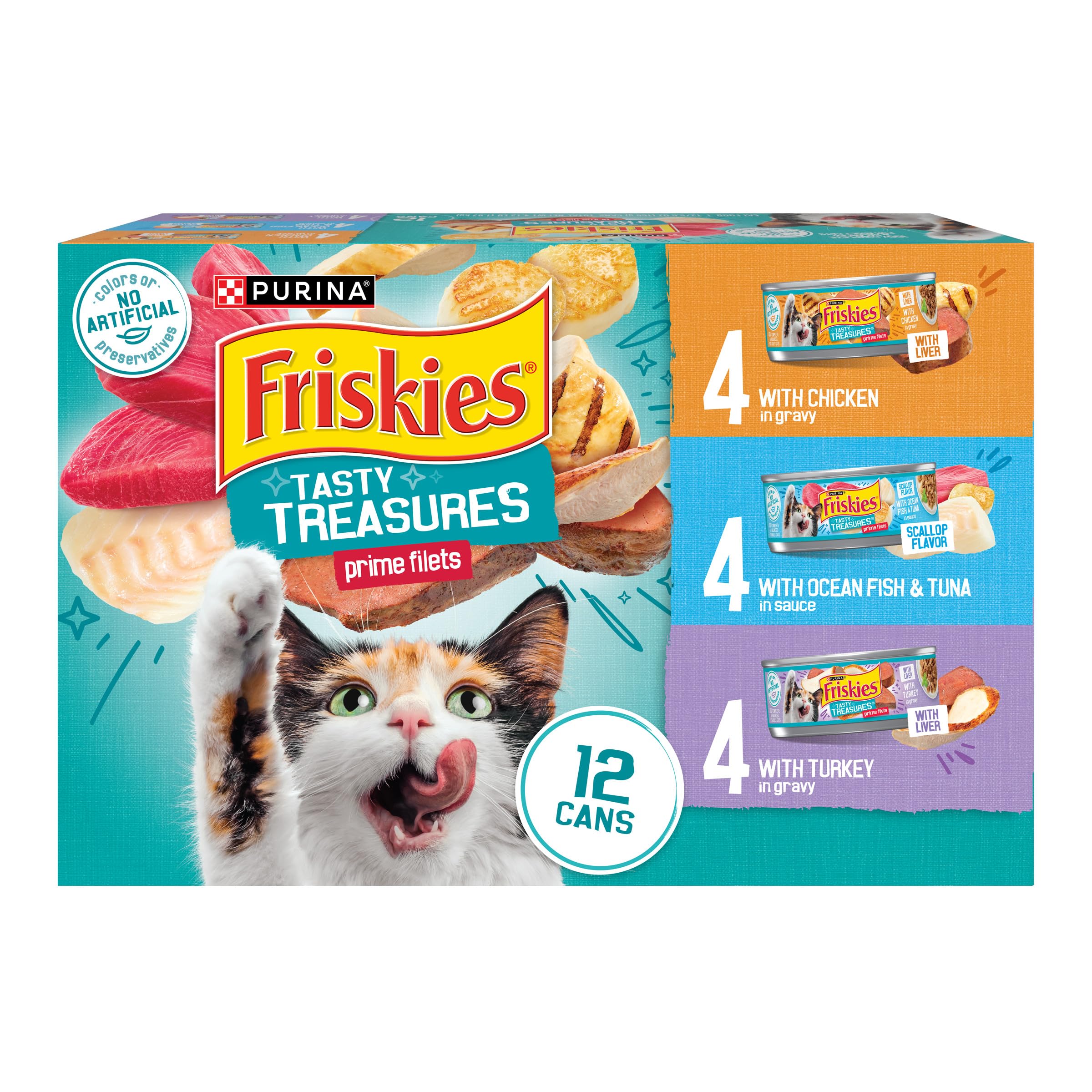 Purina Friskies Wet Cat Food Variety Pack - 12 Cans (5.5 oz Each) | Ocean Fish, Tuna, Chicken & Turkey Prime Filets | High Protein Cat Food for Adult Cats | Perfect for Mealtime, Travel & Picky Eaters
