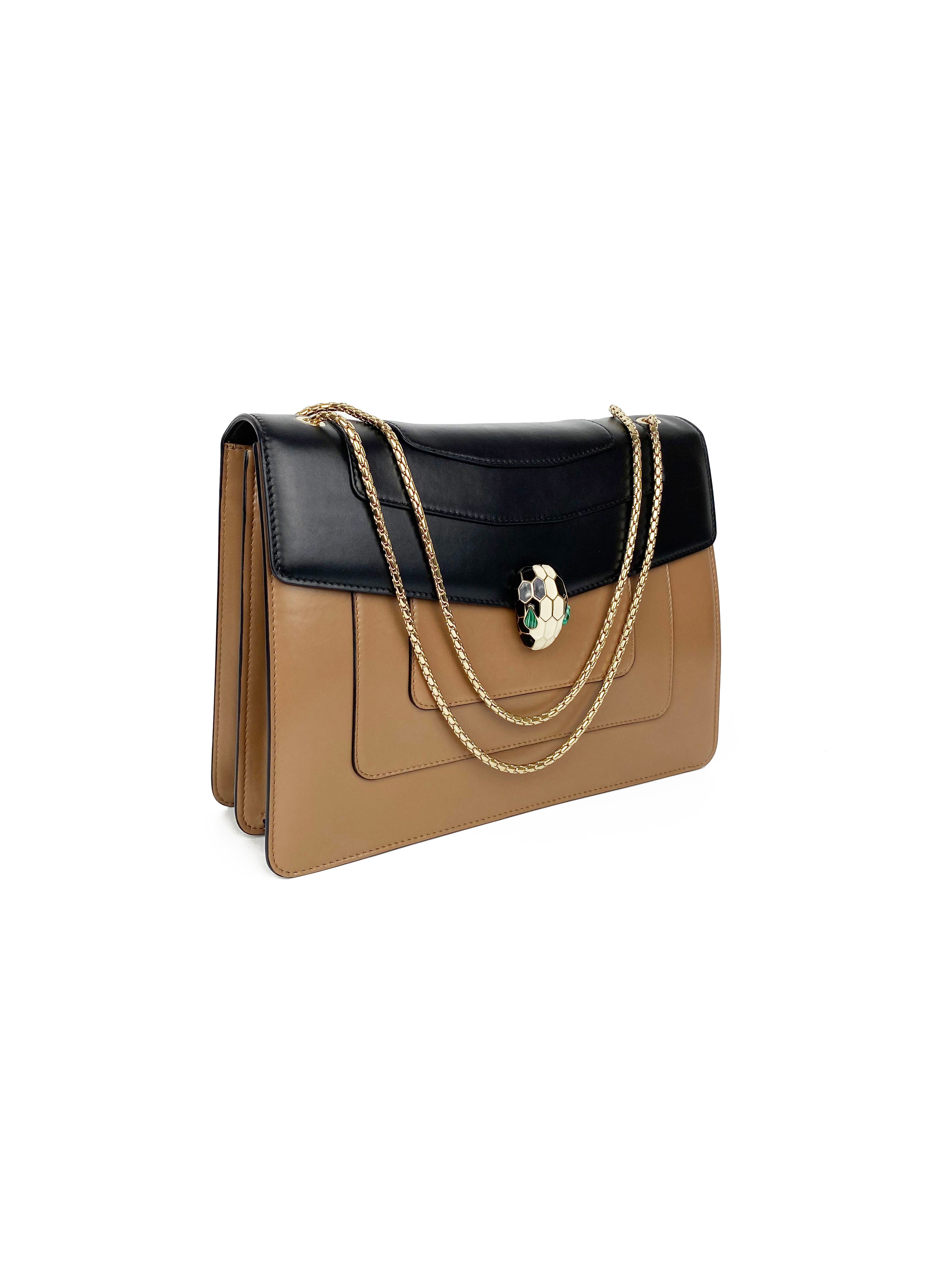 Bvlgari Serpenti Black & Tan Two-Tone Leather Shoulder Bag - Luxury Designer Handbag for Women, Perfect for Evening Events & Parties
