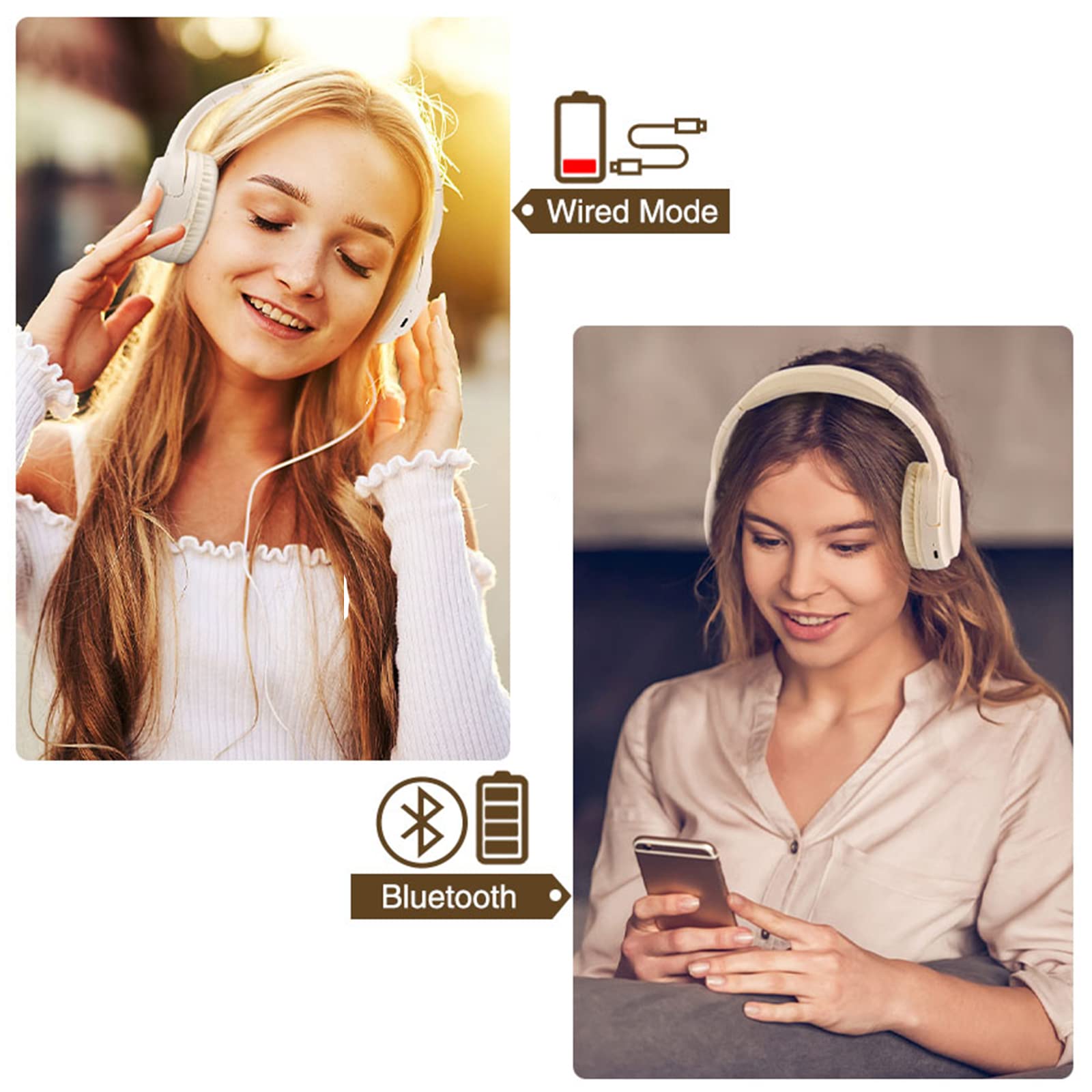 Wireless Headphones with Microphone - Lightweight Bluetooth 5.3 On-Ear Headset, 20+ Hours Playtime, Foldable Design for Travel & Commuting - A2 Beige & A10 Black ANC Headphones for Work, Gym, and Gaming
