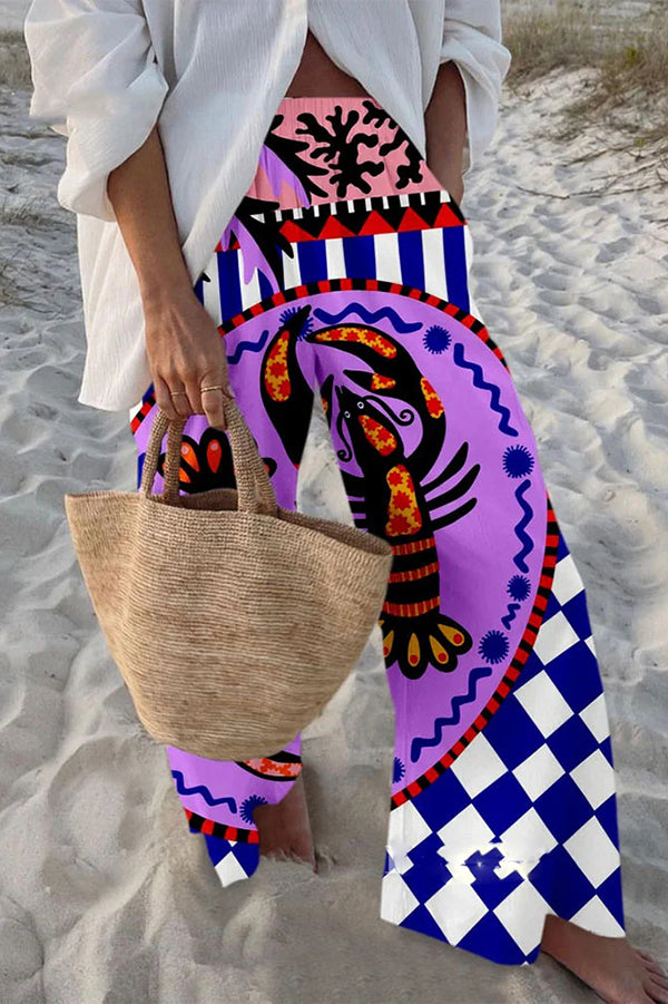 Stylish Marine Print Elastic Waist Loose Pocket Pants for Women - Comfortable Beachwear & Casual Summer Outfits