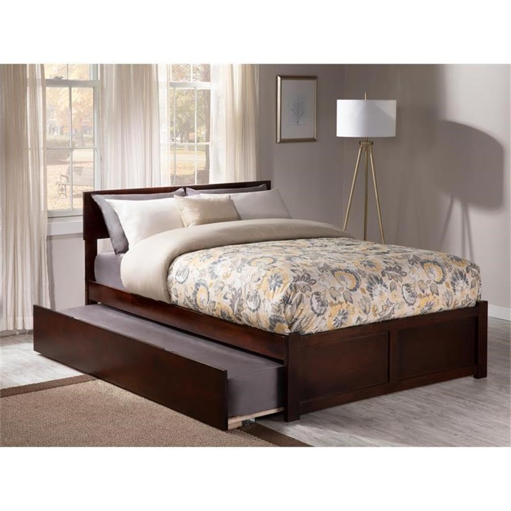 BOWERY HILL Solid Walnut Wood Queen Size Bed Frame with Footboard and Trundle Drawer - Perfect for Guest Rooms, Small Spaces & Modern Bedroom Decor