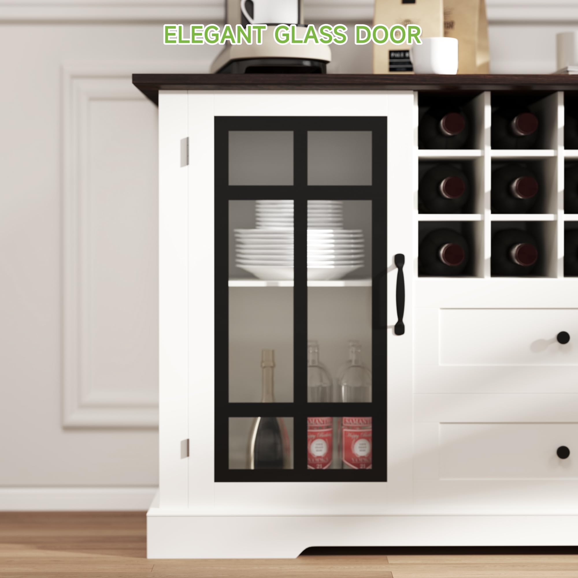 Real Relax Farmhouse Buffet Cabinet with Storage - 59'' Large Sideboard Wine & Coffee Bar Cabinet with 2 Glass Doors & Removable Wine Rack - Kitchen, Dining & Living Room Storage Furniture for Home Entertaining & Organization