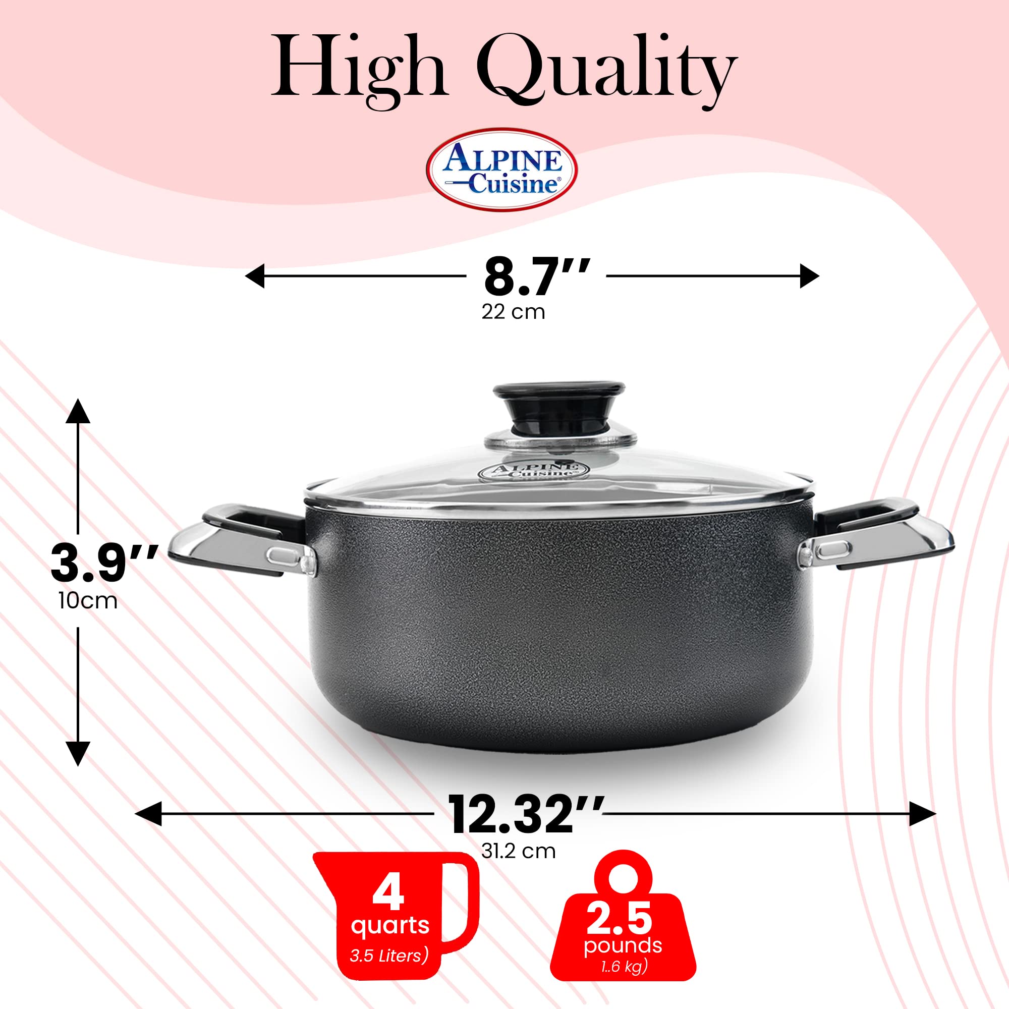 Alpine Cuisine 4 Quart Non-Stick Aluminum Dutch Oven with Tempered Glass Lid - Multi-Purpose Cookware for Braising, Boiling, Stewing - Perfect for Soups, Stews & Family Meals