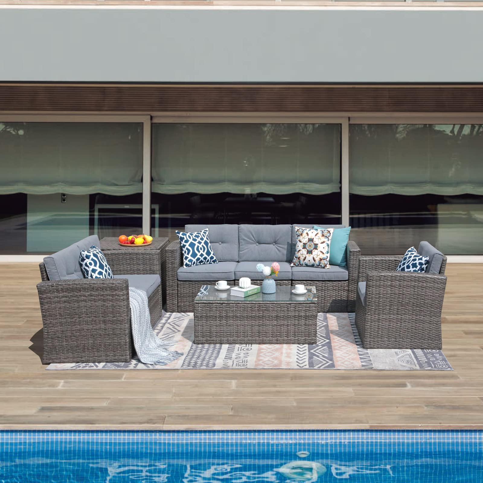 Super Patio 8-Piece Outdoor Sectional Sofa Set - All-Weather PE Wicker Patio Furniture with Storage Box & Tempered Glass Coffee Table - Includes 3 Blue Pillows (Gray) - Perfect for Backyard, Garden, Poolside & Patio Relaxation