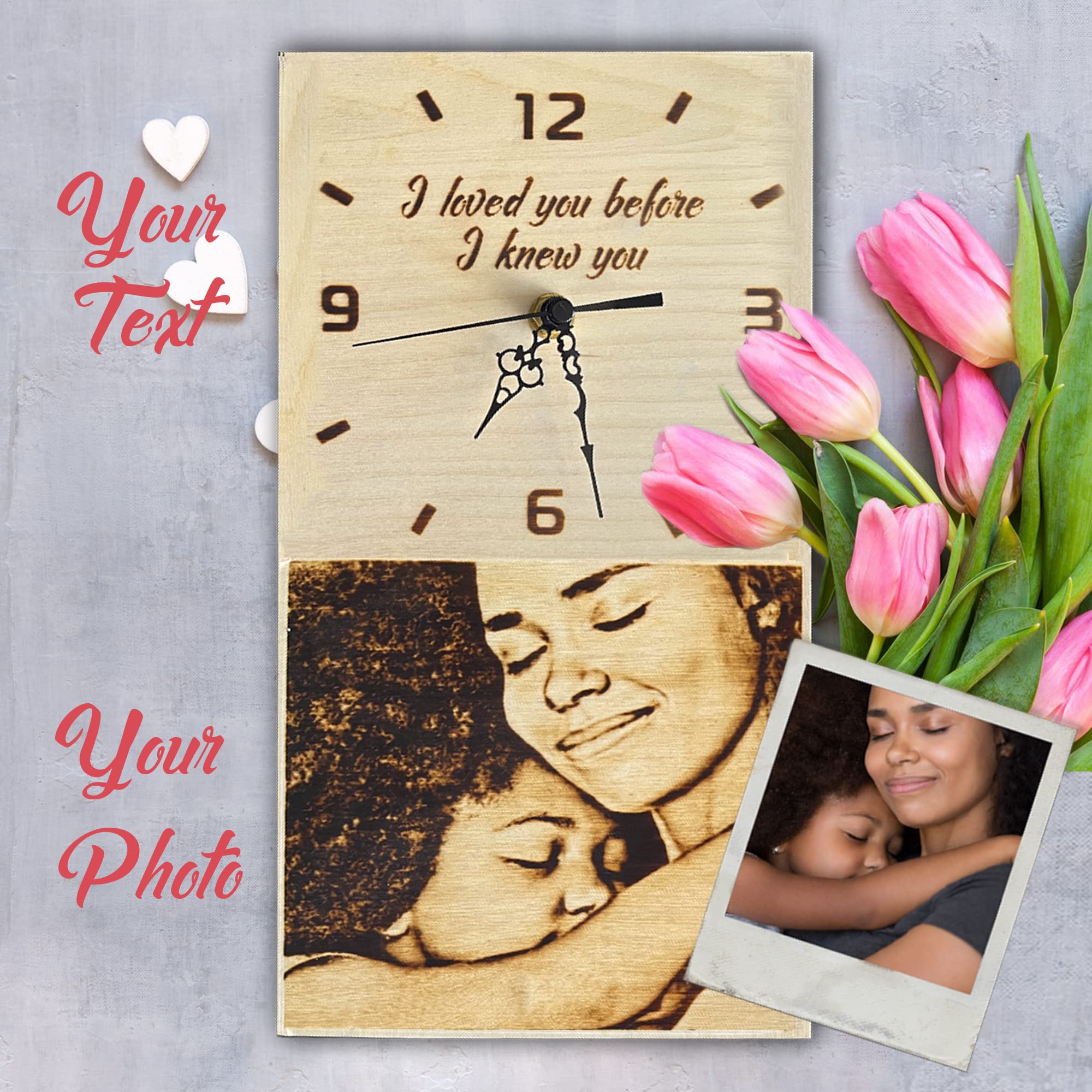 Personalized Wood Burned Wall Clock - Custom Engraved Gift for Mother's Day, Stepmom, Grandma & Teacher Appreciation - 6.3 x 11.5 Inch Rustic Home Decor - Perfect for Living Room, Bedroom or Office Wall