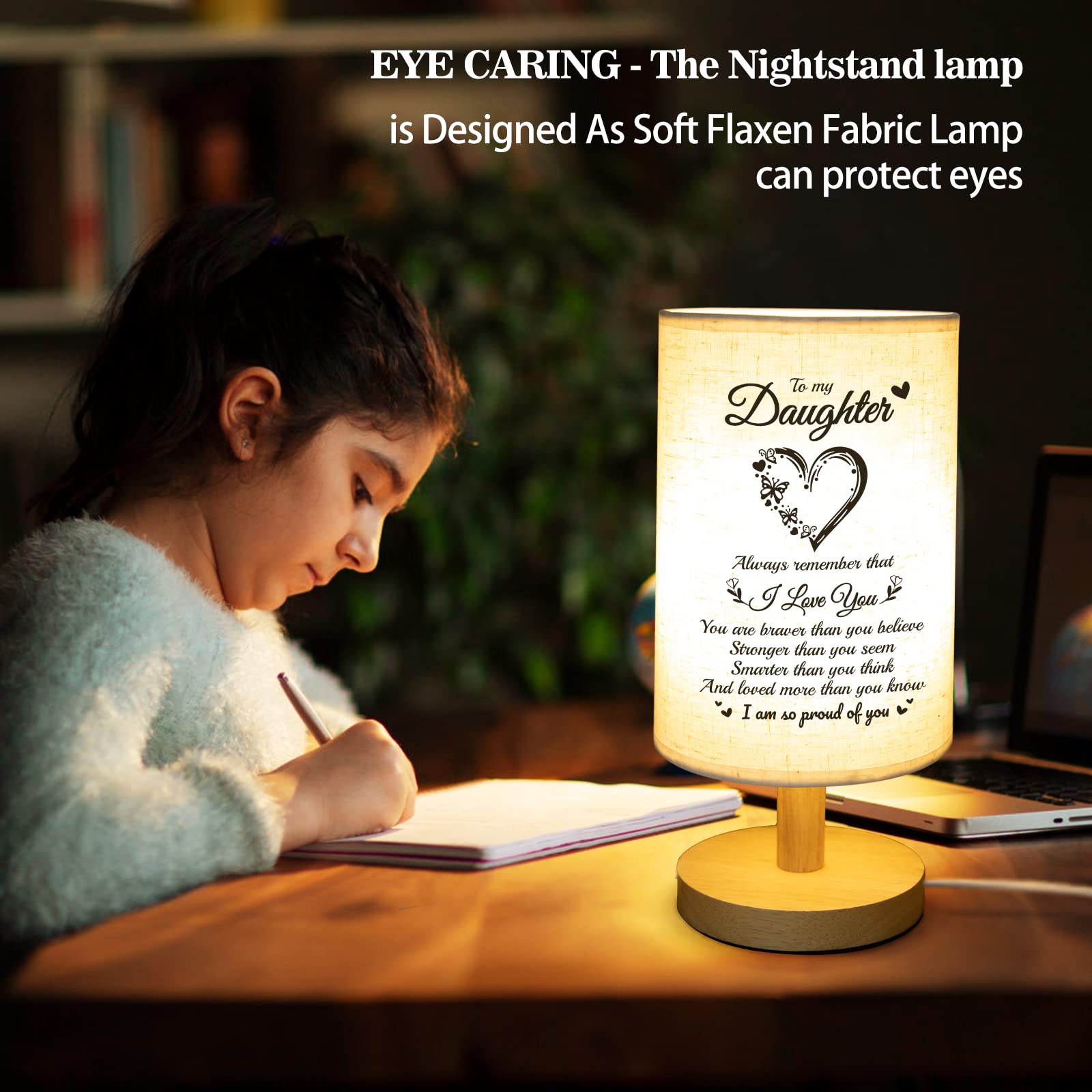Personalized Daughter Gifts from Mom & Dad - Wooden Table Lamp with Fabric Shade | Perfect Birthday, Christmas & Graduation Gift for Bedroom, Living Room or Office Desk | Thoughtful Home Decor for Daughters