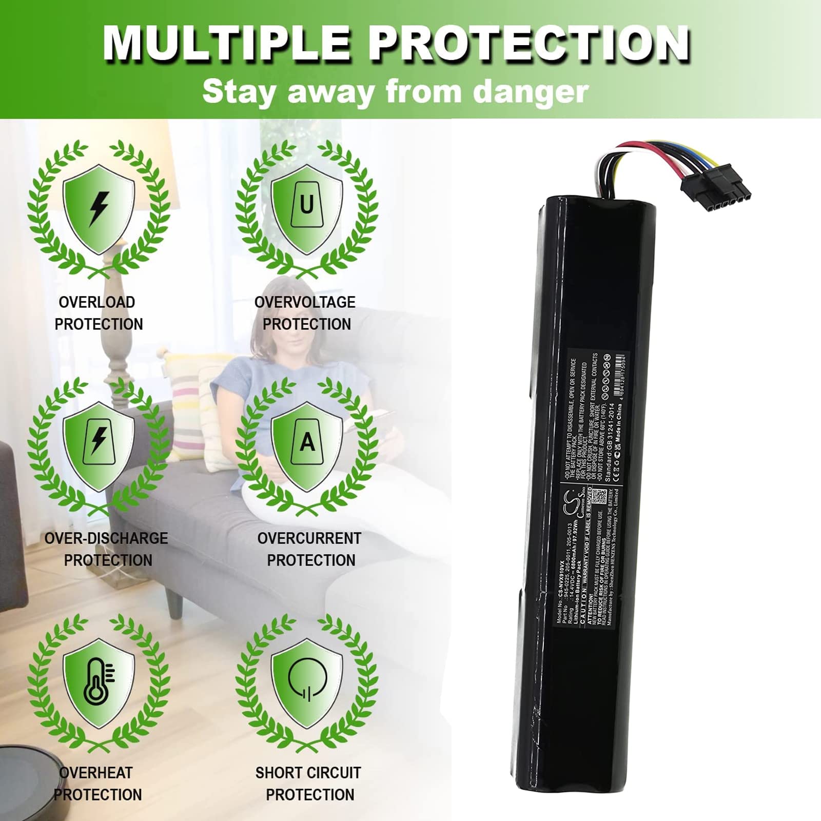 14.4V 6800mAh Replacement Battery for Neato Botvac Connected, D3, D4, D5, D6, D7, D5+, D3+, D705, D6 Connected, D703, D503, D5 Connected (Compatible with P.N. 905-0358, 945-0225, 945-0266) - Long-Lasting Power for Efficient Robot Vacuum Cleaning