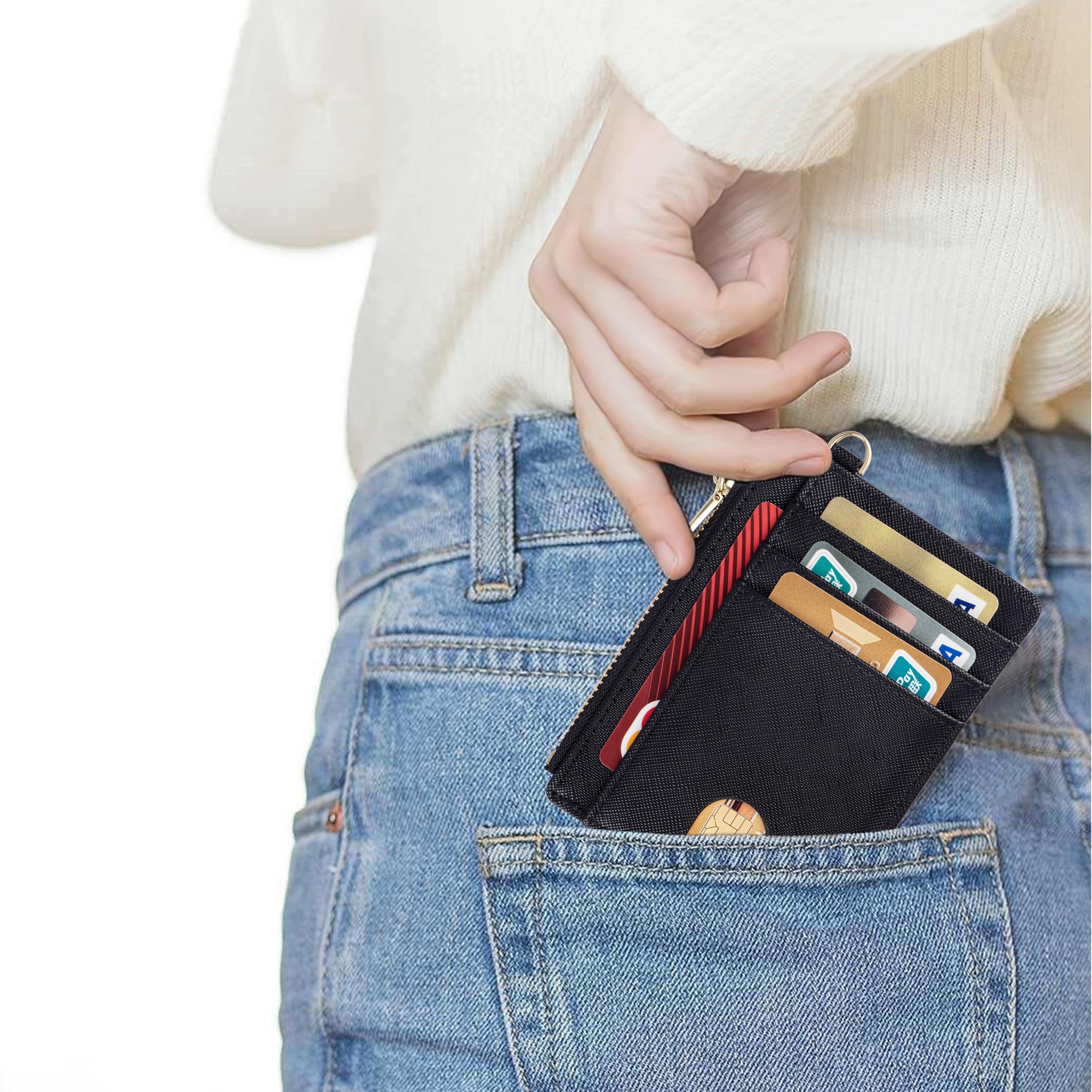 Suweibuke Slim RFID Blocking Wallet for Women - Ultra Thin Credit Card Holder with D-Shackle ID Window & Detachable Keychain (Black) | Perfect for Travel, Work, and Everyday Use