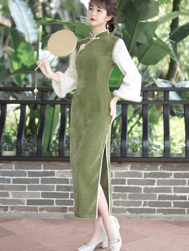 Elegant Green Chenille Winter QiPao Cheongsam Dress for Women - Vintage Chinese Style Evening Gown - Perfect for Holiday Parties, Weddings & Special Occasions