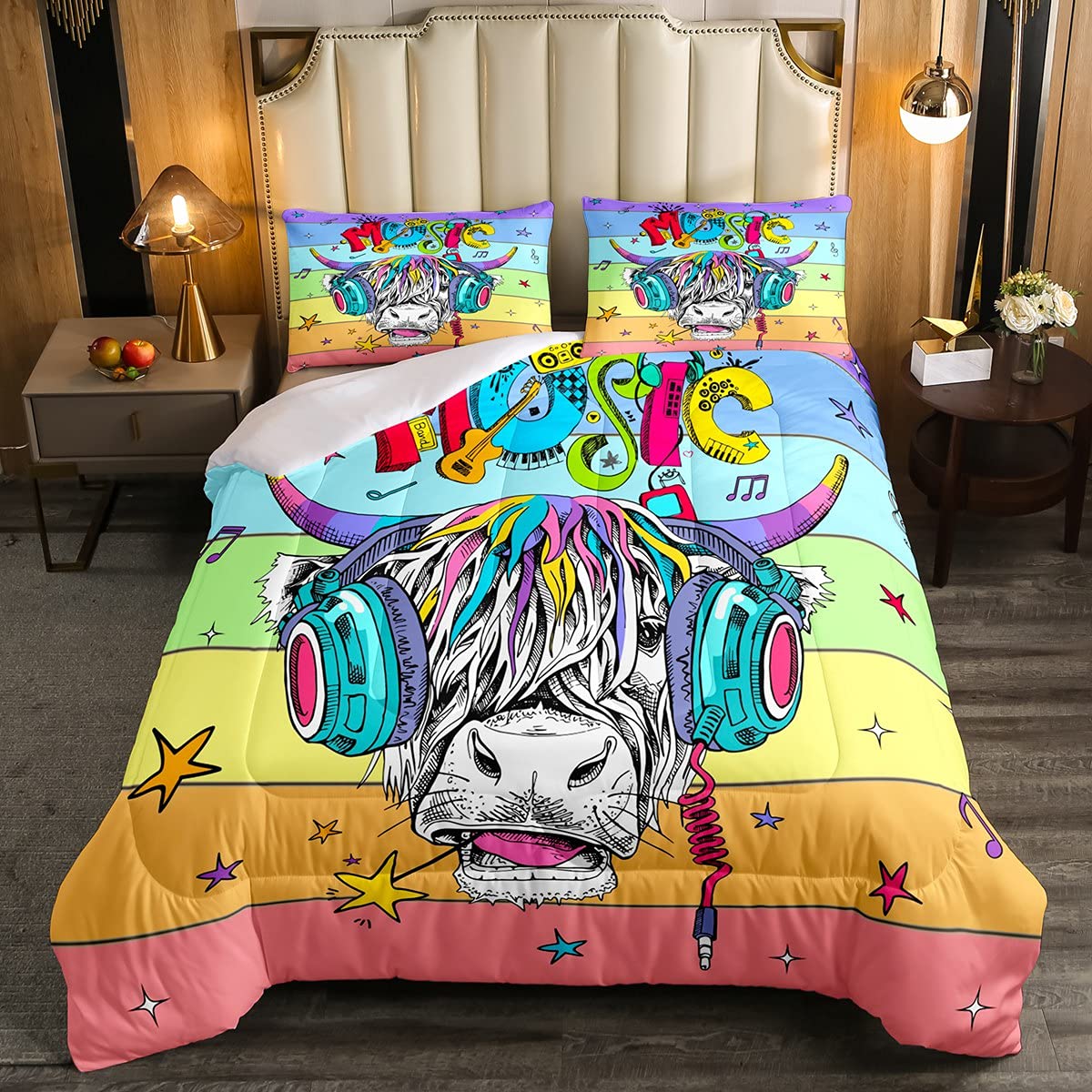 Highland Cow Duvet Cover Set with Headphones - Full Size Youth Hip Hop Music Comforter, Farmhouse Wildlife Bedding Quilt with Colorful Wooden Plank Design | Perfect for Teen Bedrooms, Music Lovers & Farmhouse Decor