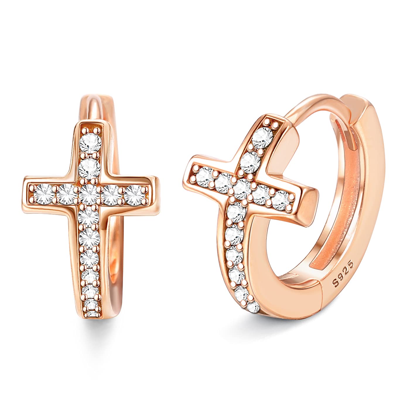 925 Sterling Silver Cross Hoop Earrings for Women & Men - 18K Gold Plated Small Huggie Earrings with Cubic Zirconia - Dainty Religious Jewelry Gift for Christmas, Baptism & Everyday Wear