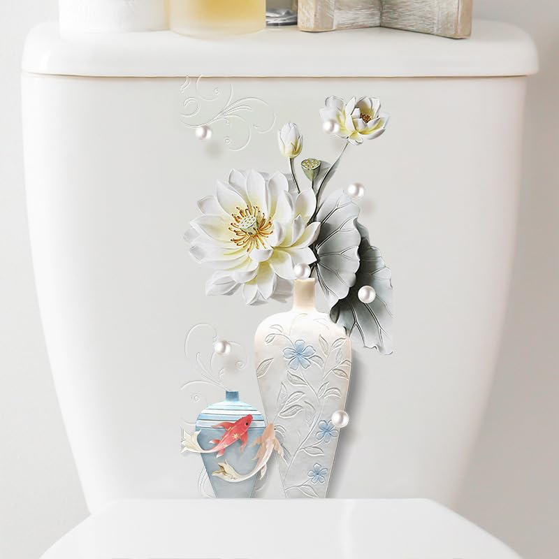 Lotus Fish Peony Flower Toilet Cover Stickers - Waterproof Self-Adhesive Bathroom Decals for Toilet Lid, Tank & Wall - Elegant Vase Floral Design - Perfect for Home Decor, Bathroom Renovation & DIY Projects