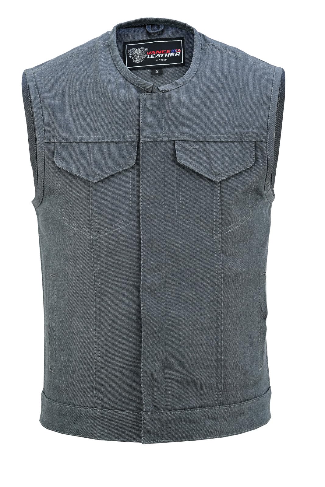 Vance Leather Men's Black Denim Collarless Club Vest with Conceal Carry Pockets - Stylish Motorcycle Jacket for Bikers & Outdoor Enthusiasts