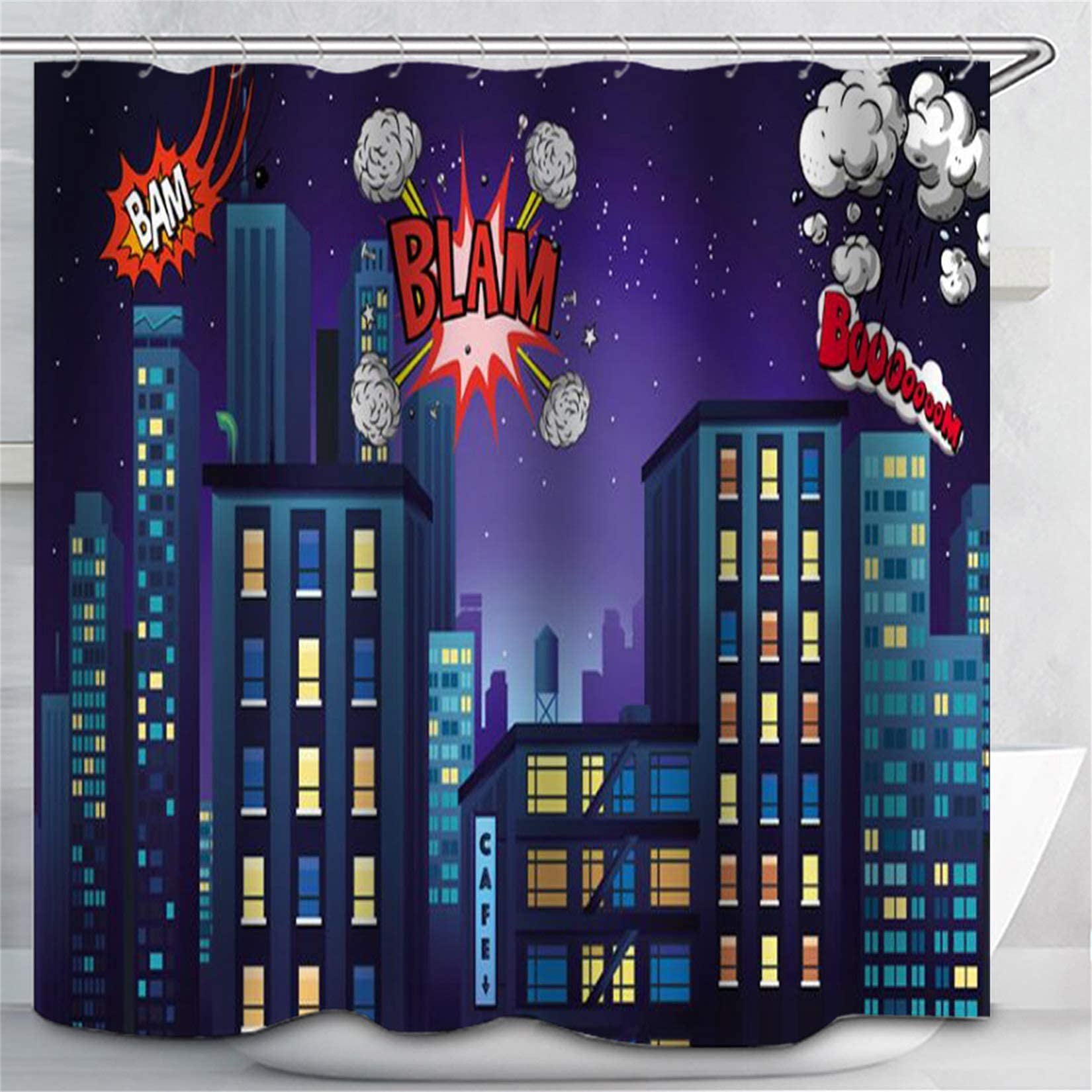 Superhero Shower Curtain - Violet Night Sky Cityscape with Cartoon Buildings, Purple Cartoon Skyline Bathroom Decor, Quick Drying Fabric with 12 Hooks (60x72 inches) for Kids' Bathroom, Superhero Theme Bedroom, or Unique Home Decor Gift