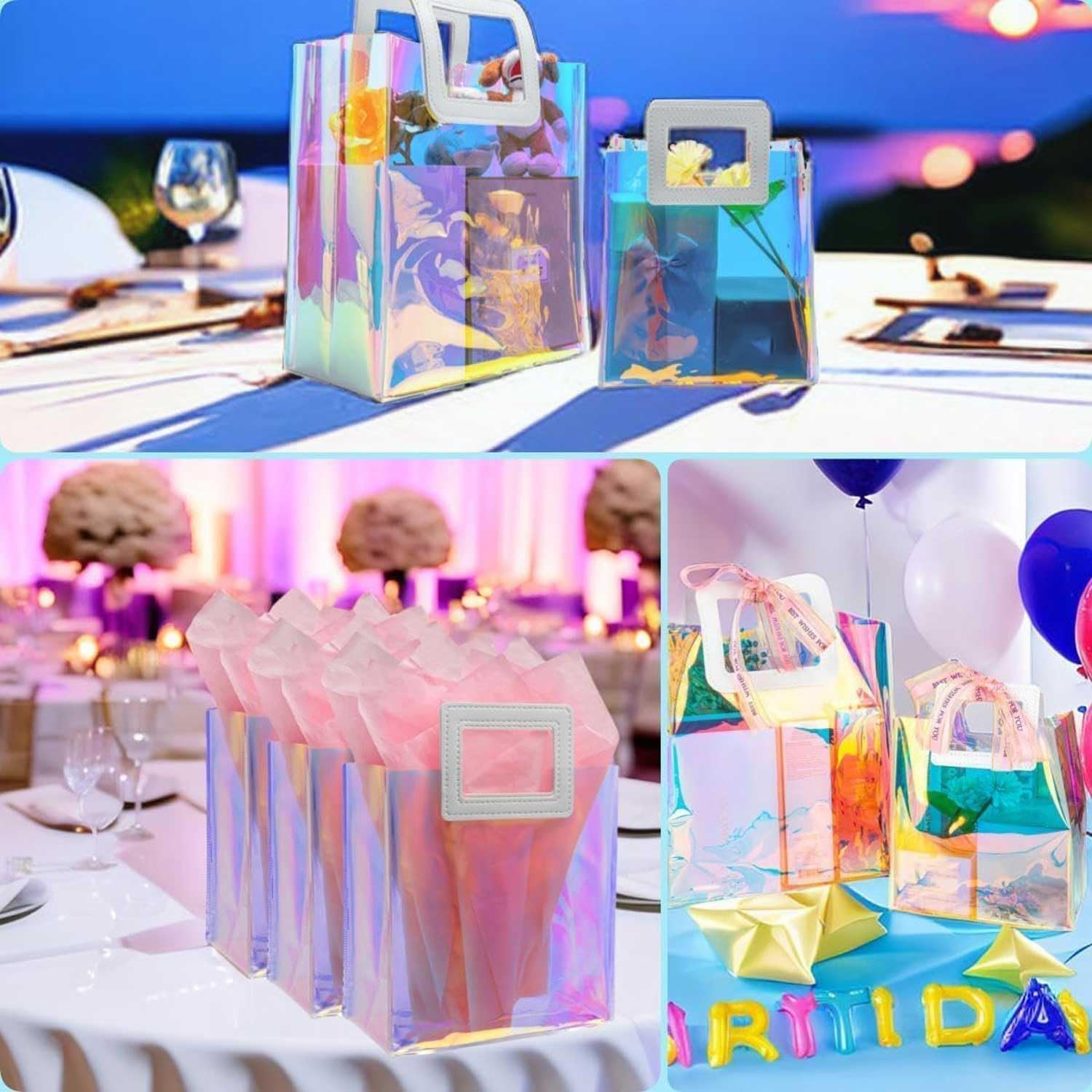 6PCS Holographic Clear Gift Bags with Tissue Paper - 7.9x7.1x3.9 inch Party Favor Bags with Handles for Christmas, Birthday, Wedding - Perfect for Party Favors, Goodie Bags & Gift Packaging