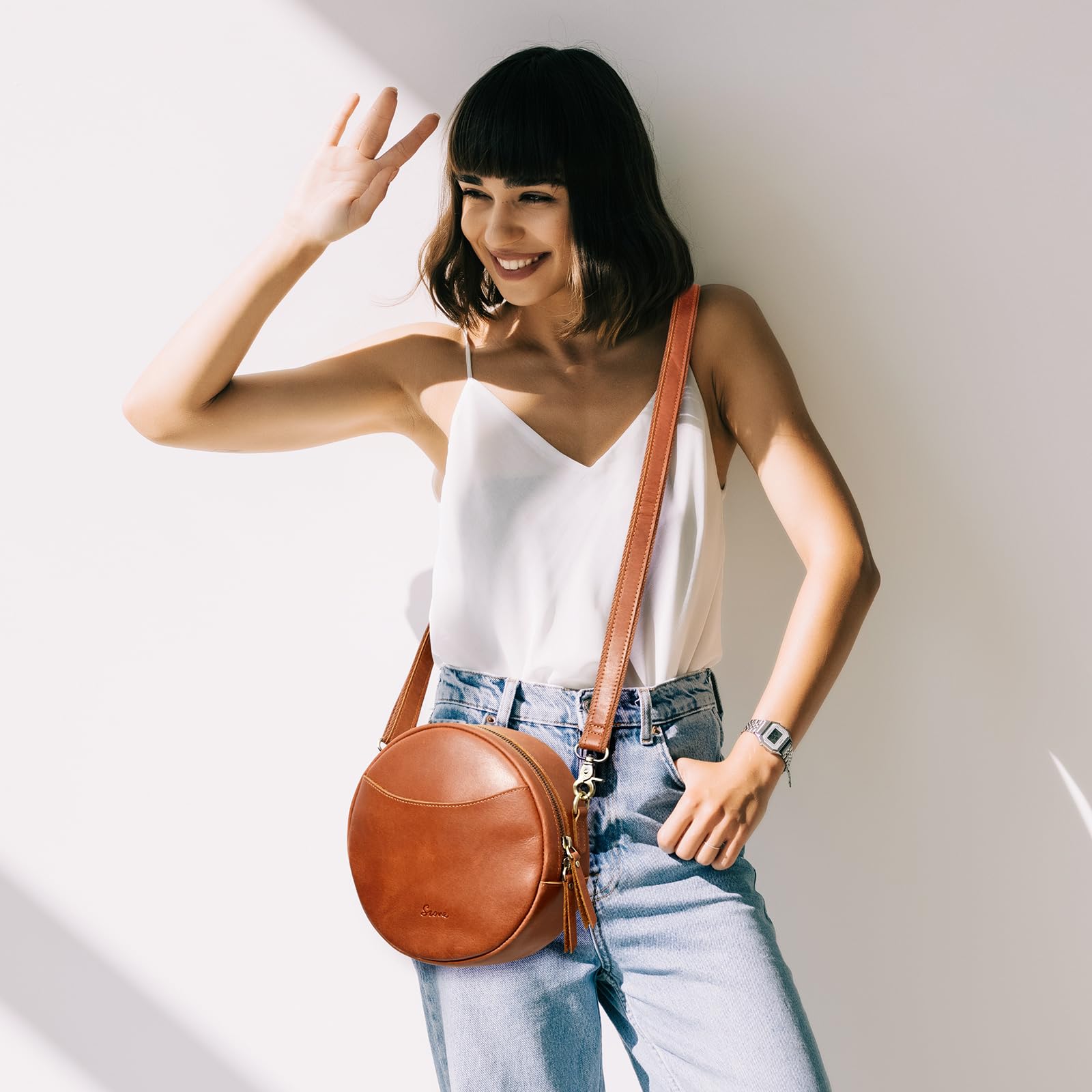 Trendy Women's Leather Crossbody Bag - S-ZONE Designer Round Shoulder Purse for Everyday Use, Travel & Casual Outings