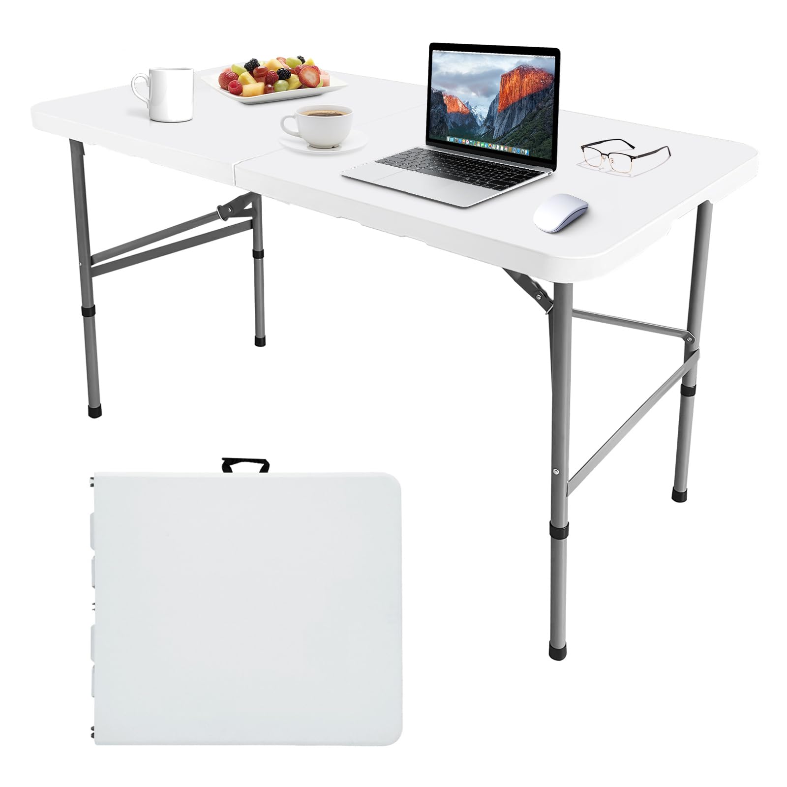4FT Heavy Duty Folding Table - Portable Indoor Outdoor Picnic Table for Camping, Parties, BBQs & Tailgating - Sturdy Card Table with Compact Foldable Design - Perfect for Backyard, Garage & Events