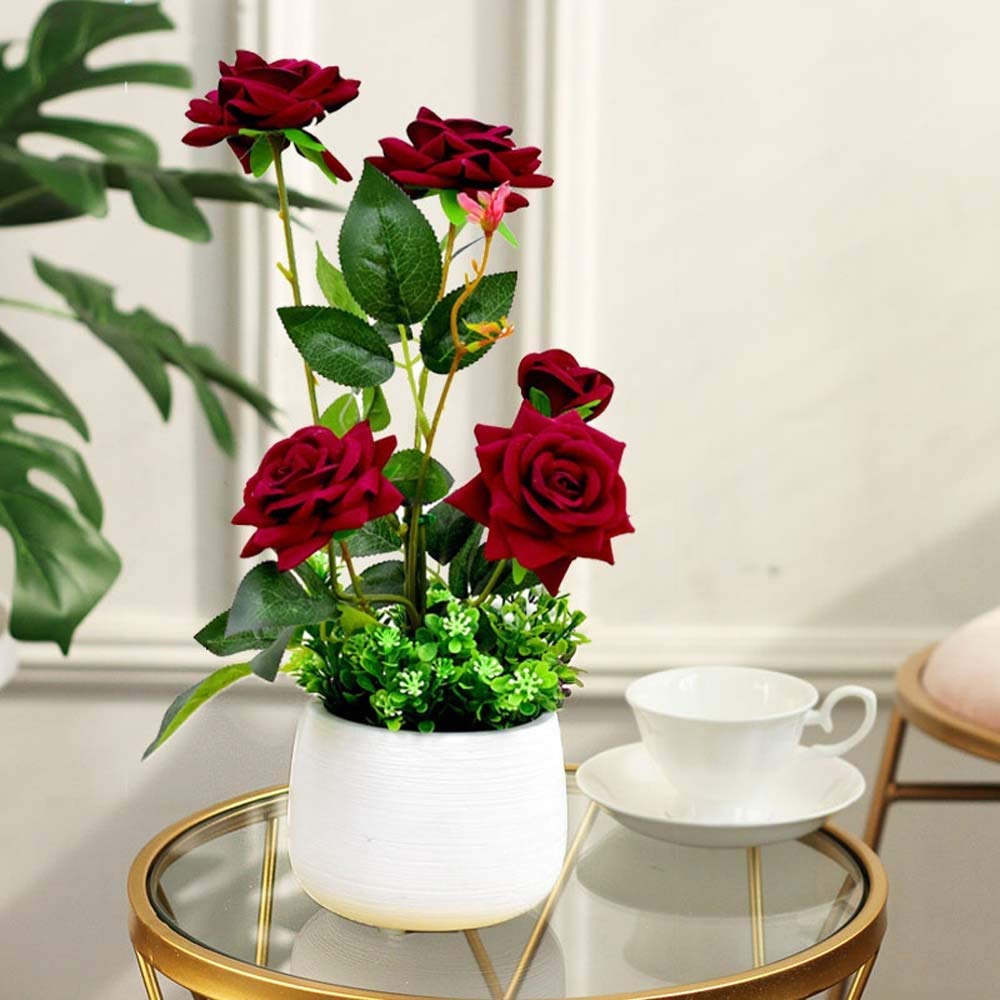 Artificial Blue Rose Flower in Pot - Fake Potted Plant for Home Decor, Office Desk, Wedding Centerpiece & Gift Idea - Realistic Simulation Floral Arrangement