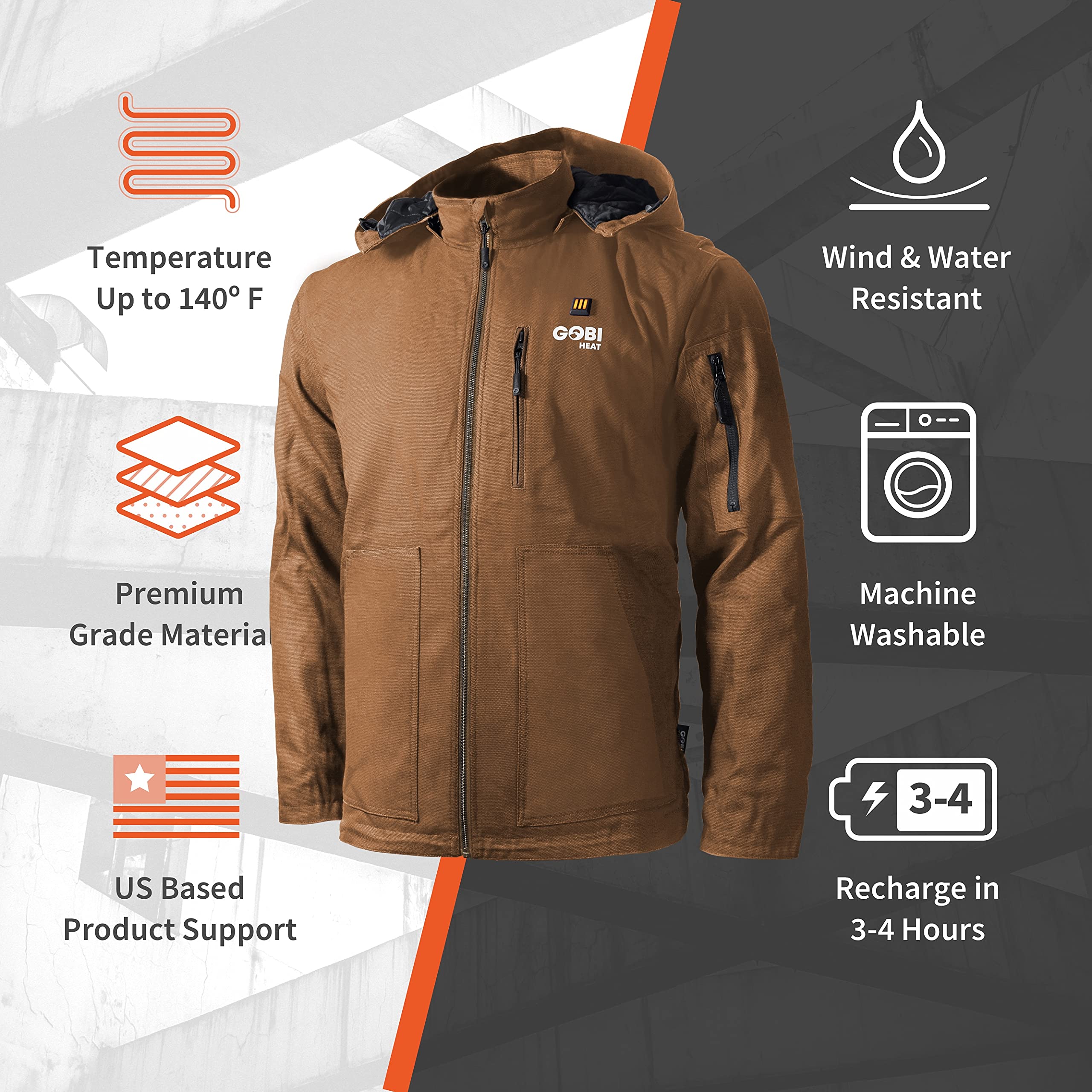 Grit Men's Heated Work Jacket with 9-Hour Battery Life - 3 Adjustable Heat Settings (Includes Battery & Charging Cable) | Winter Outdoor Work, Construction, Hunting & Cold Weather Activities