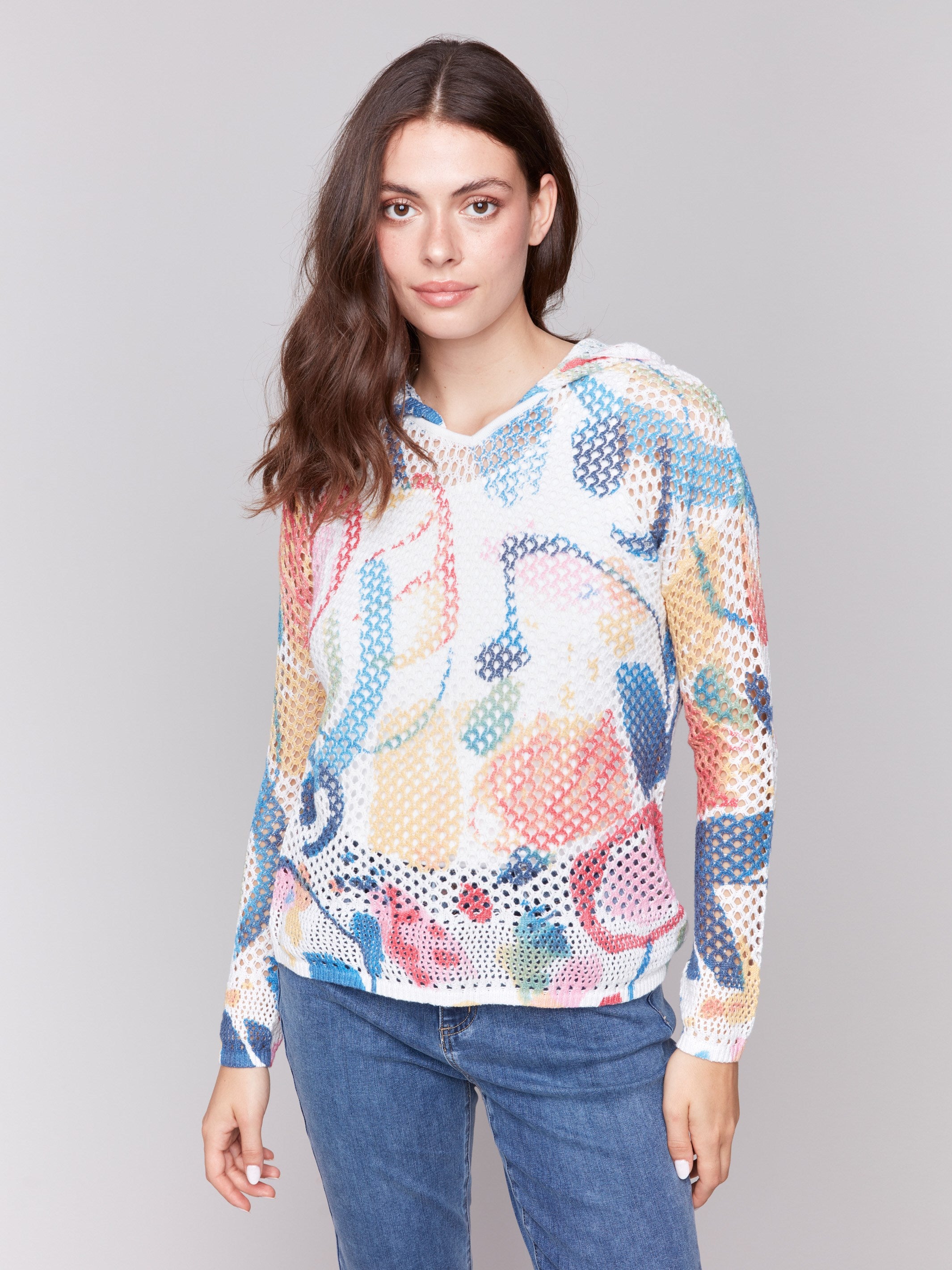 Printed Fishnet Crochet Hoodie Sweater - Abstract Design Women's Fashion Top for Casual Wear & Street Style Outfits